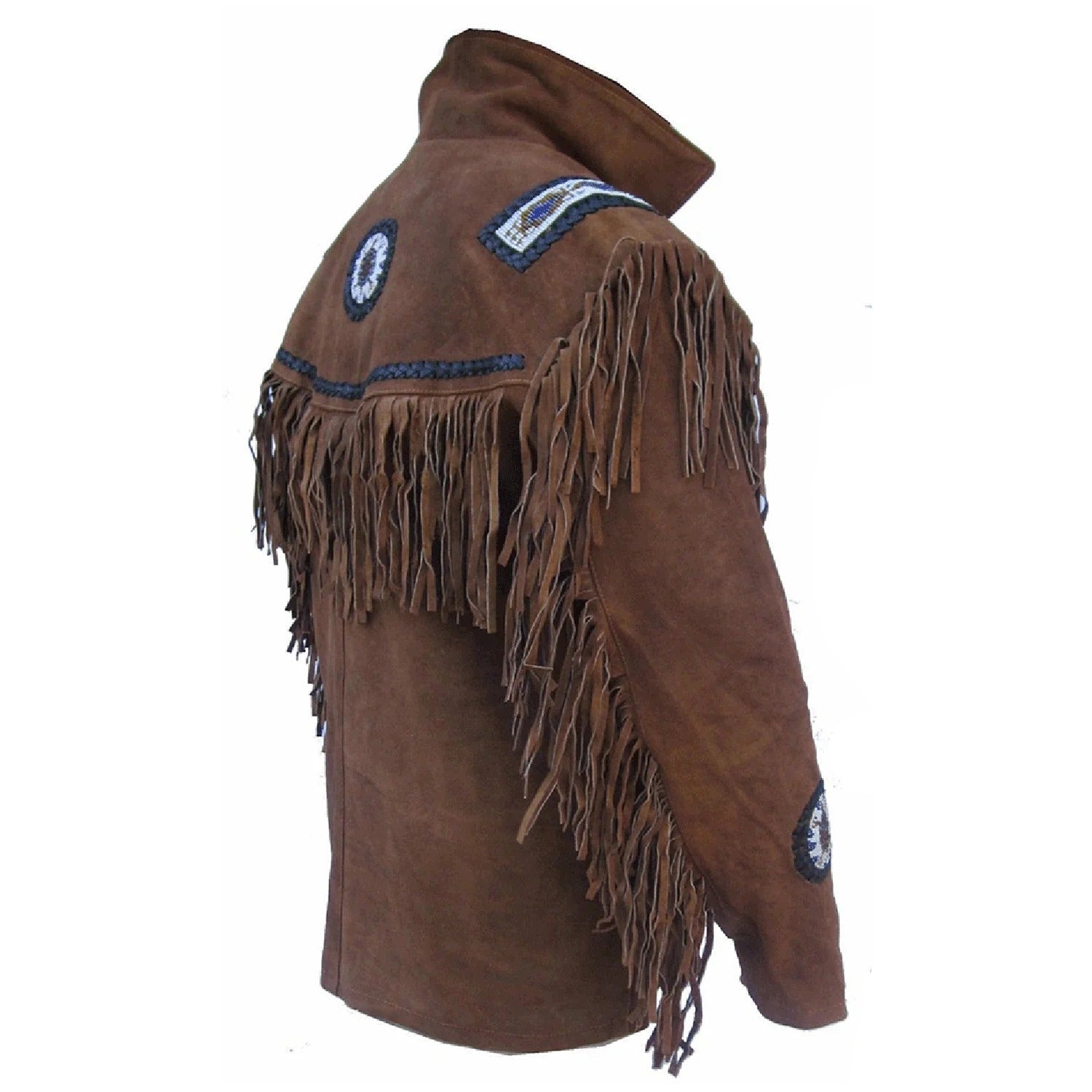 Side View of the brown suede leather fringe jacket for men