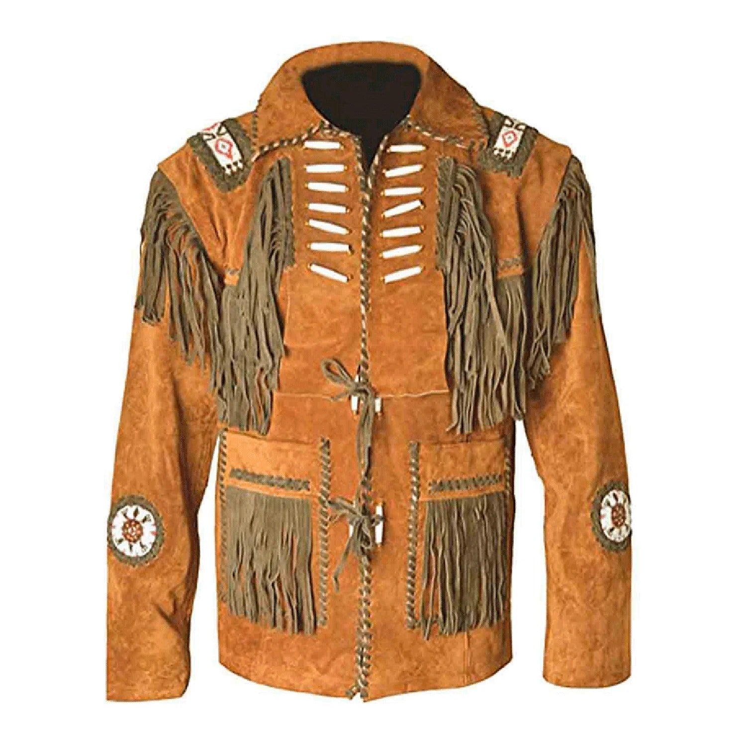 Worn styled look showing the brown suede leather fringe jacket with beaded detailing