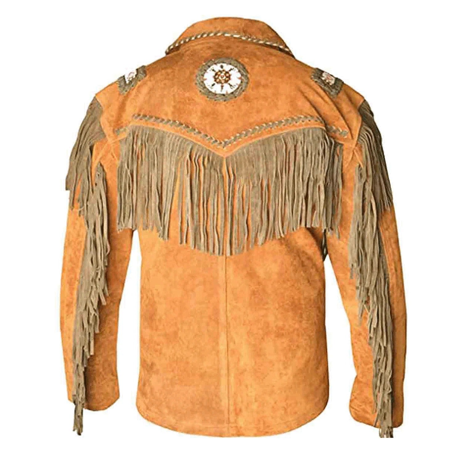 Back view of the brown suede leather fringe jacket for men