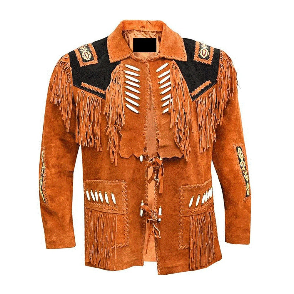 Side profile showing the brown suede leather fringe jacket with beaded detailing
