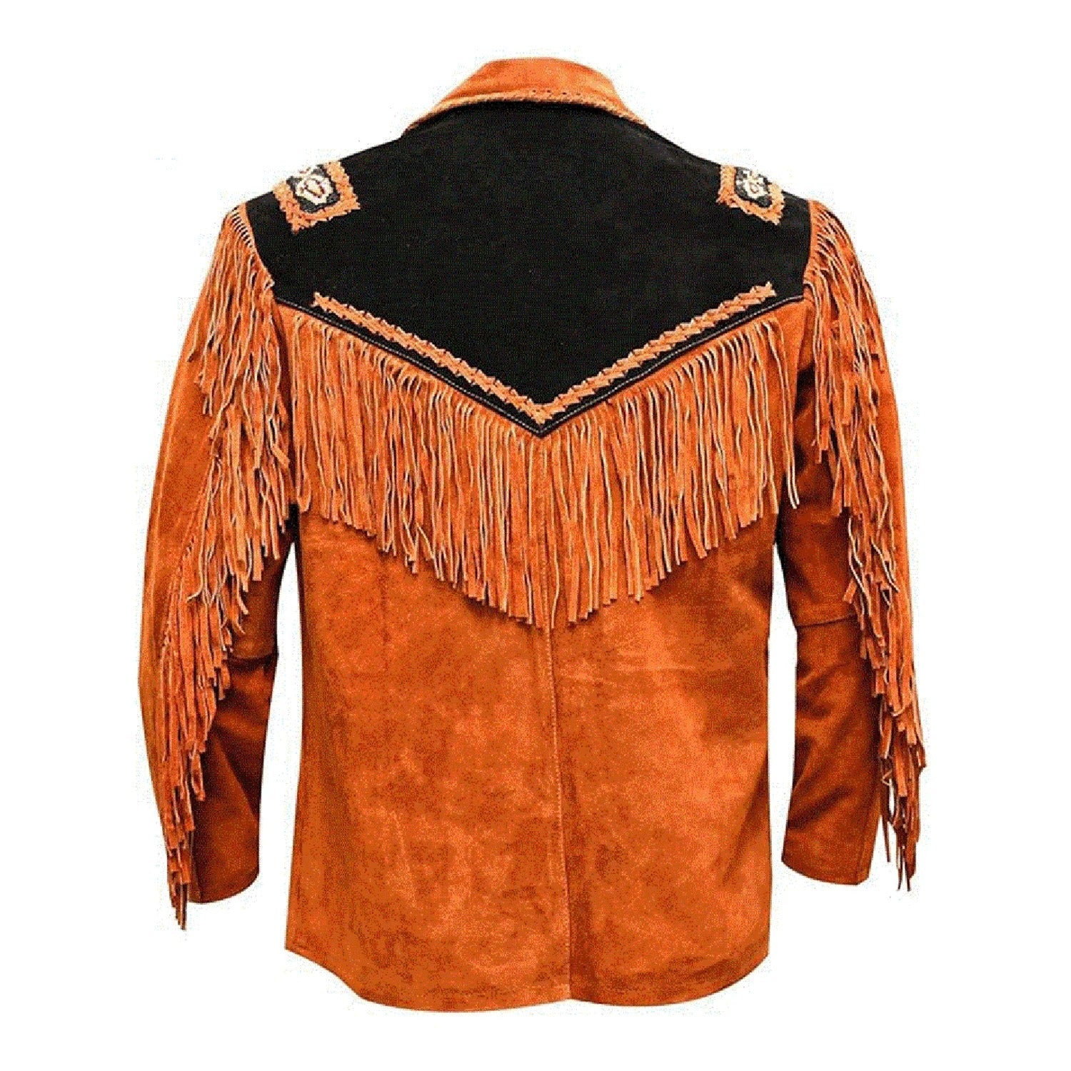 Close-up detail showing the brown suede leather fringe jacket with beaded detailing