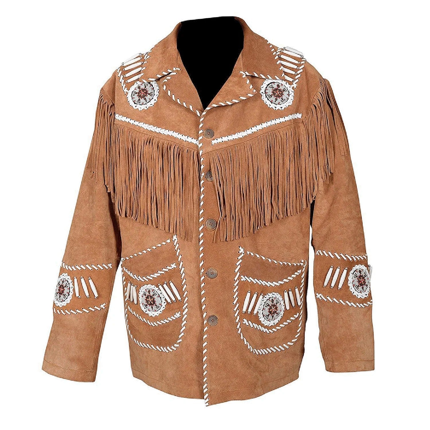 The brown suede leather fringe jacket with beaded detailing, pictured in close-up