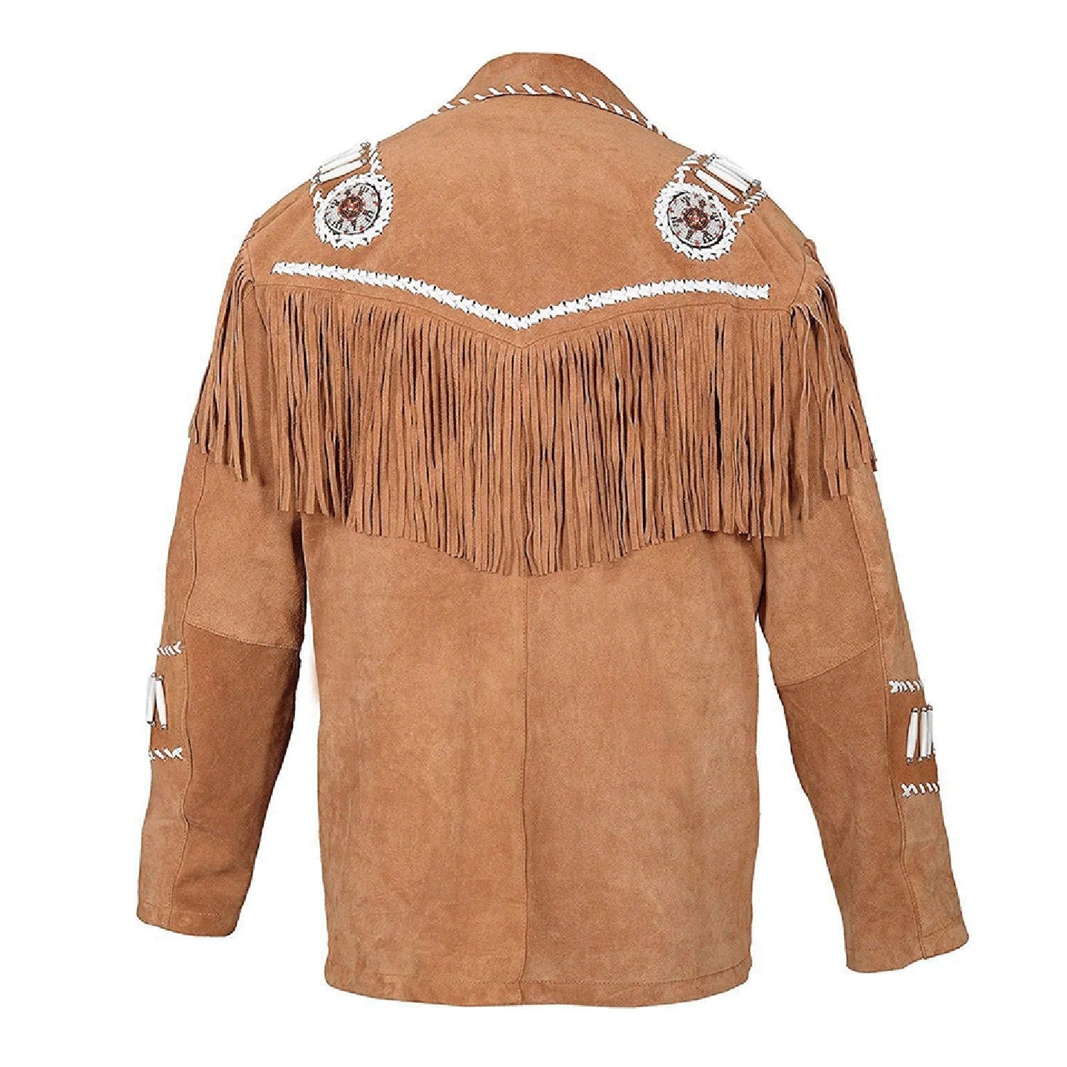 Front view showing the brown suede leather fringe jacket with beaded detailing