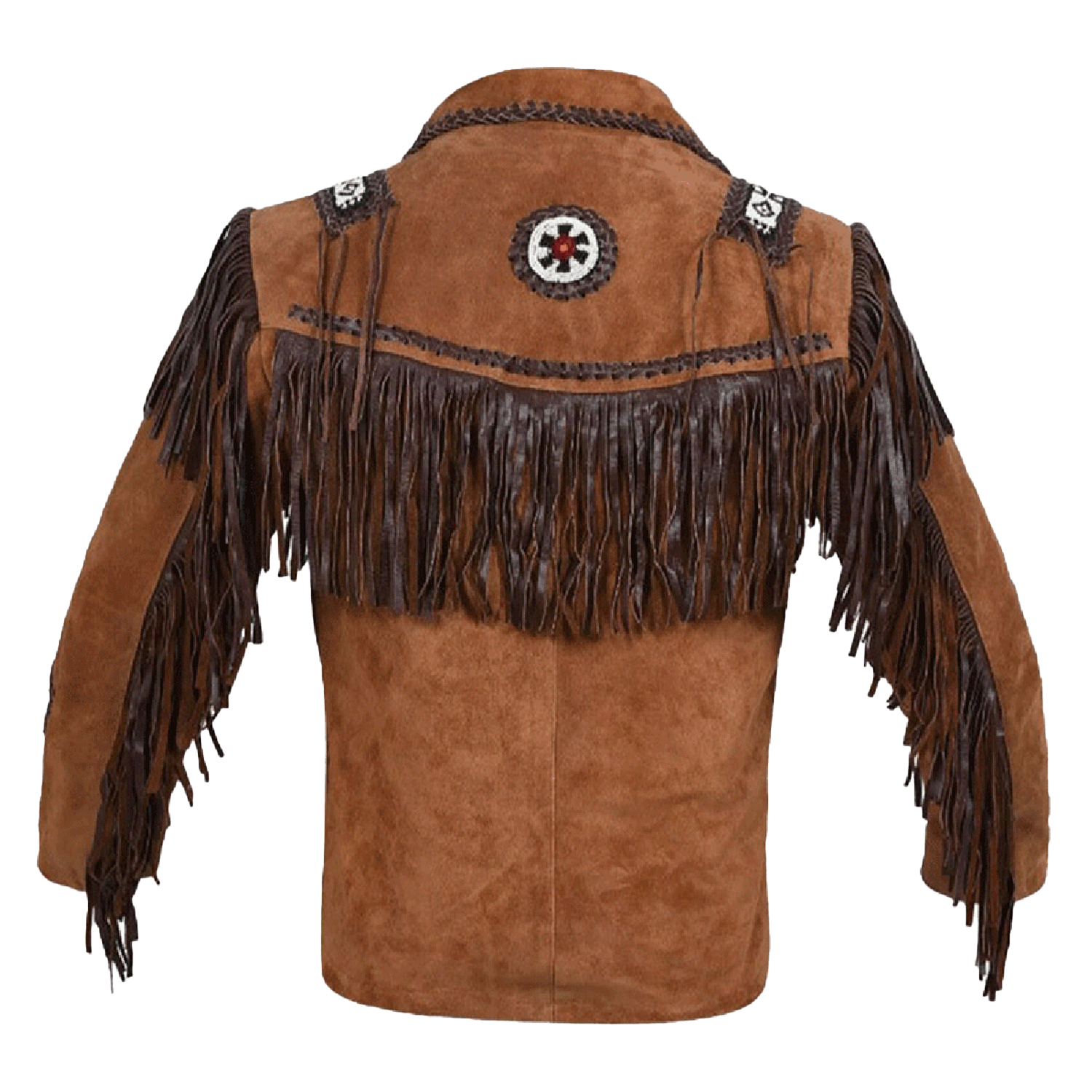 Back view of the brown suede leather fringe jacket for men