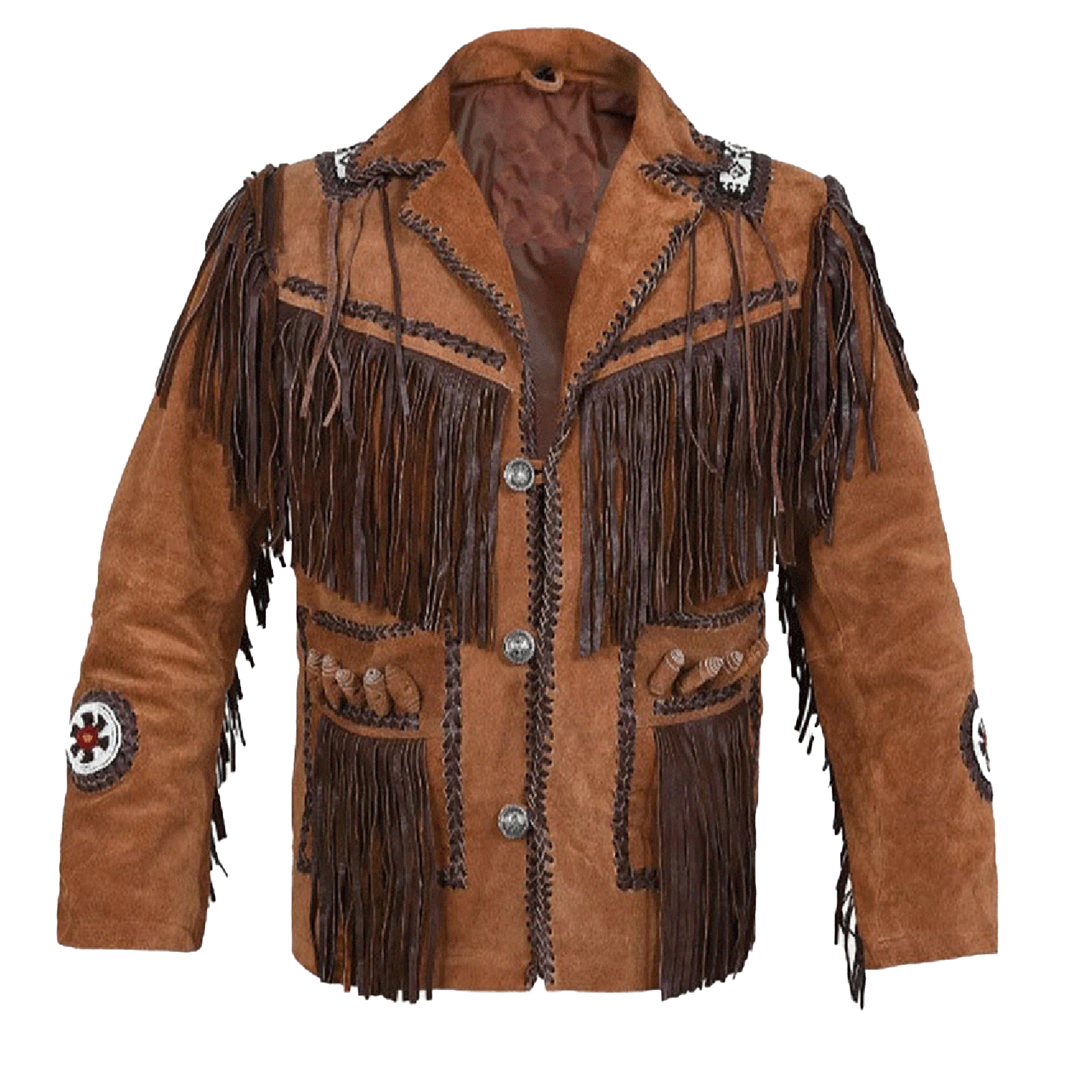 Front view of the brown suede leather fringe jacket for men