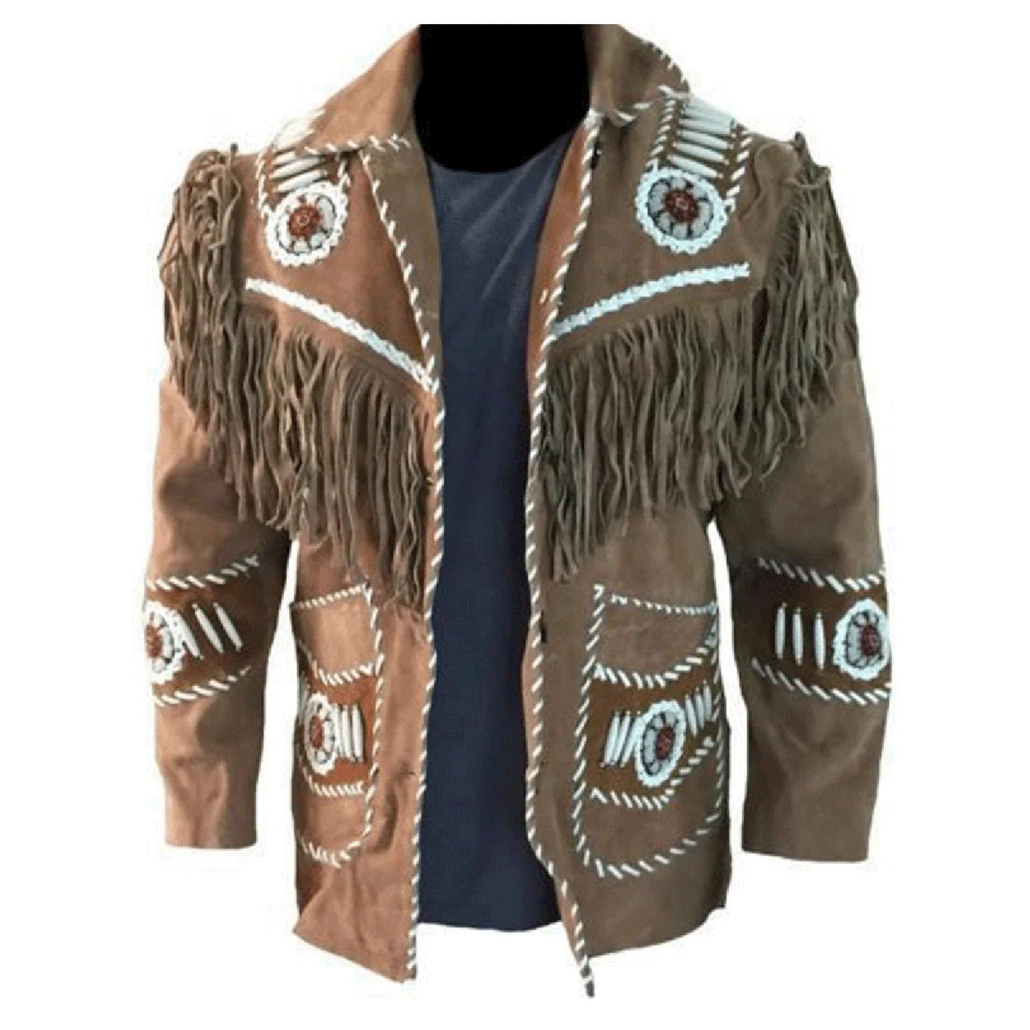 Brown suede leather fringe jacket with beaded detailing, back view