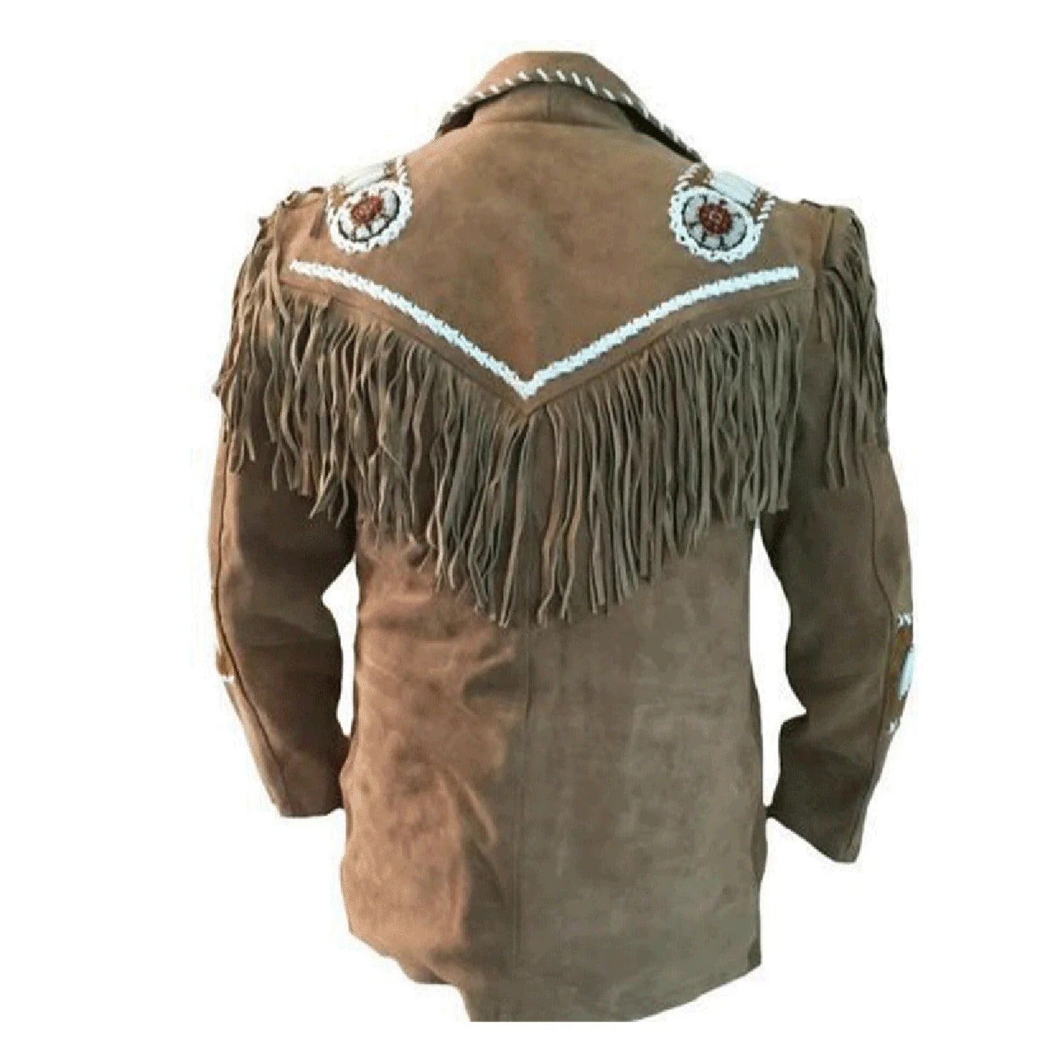 Brown suede leather fringe jacket with beaded detailing, full display
