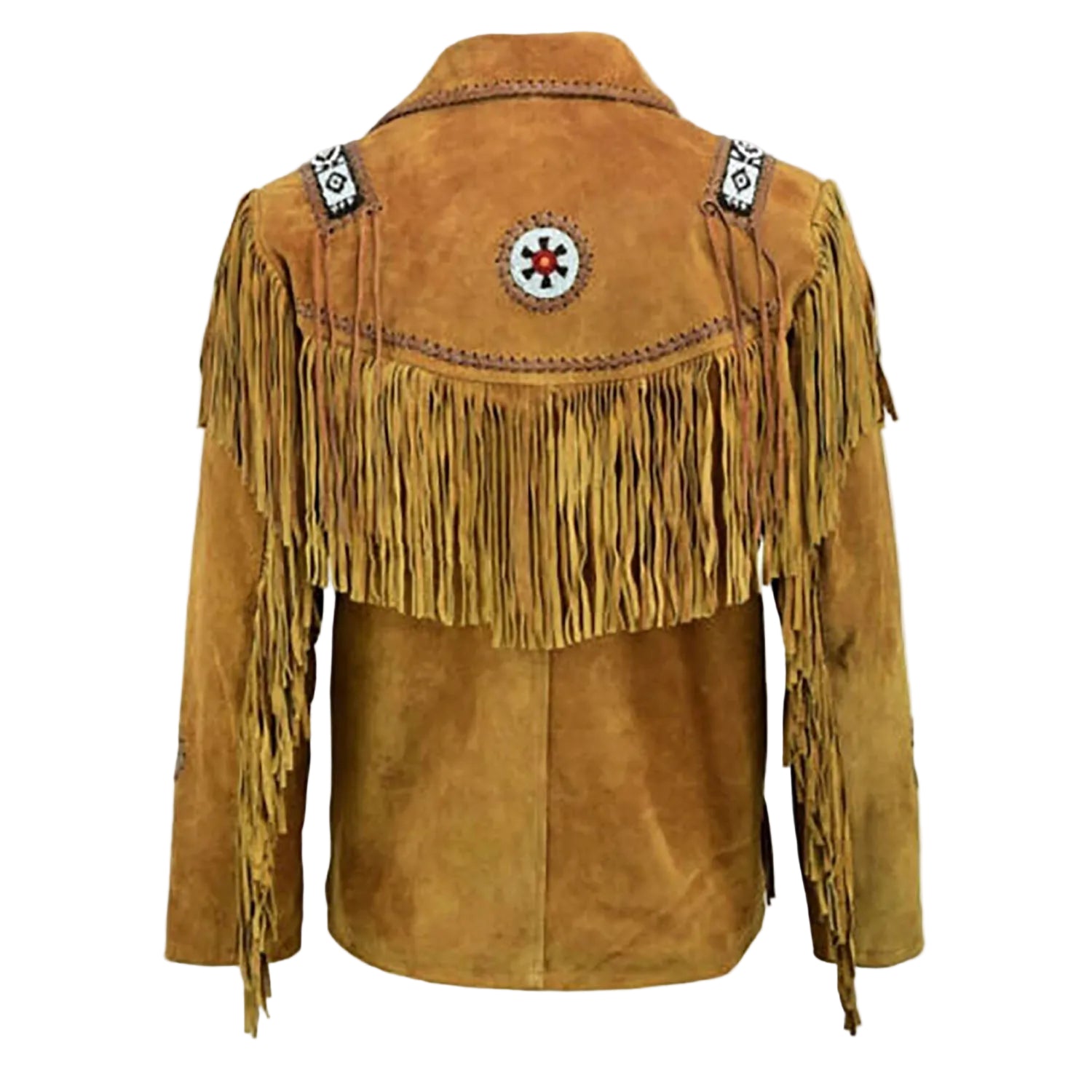 The brown suede leather fringe jacket with beaded detailing, pictured from the front