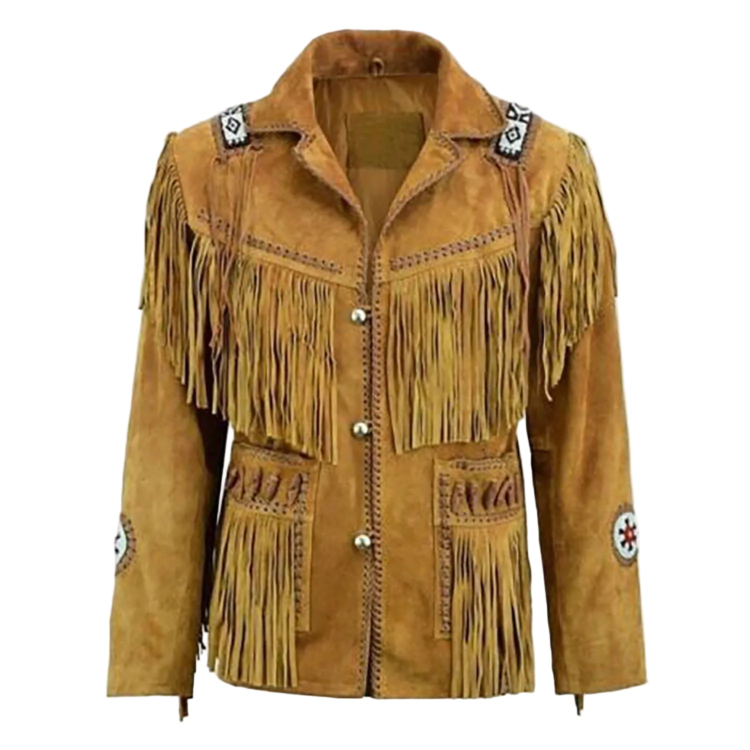 Brown suede leather fringe jacket with beaded detailing, detail shot