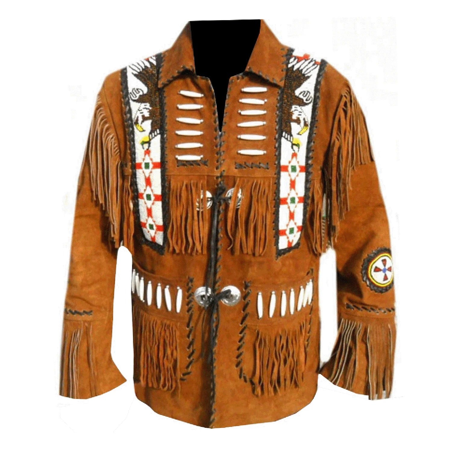 Side profile showing the brown suede leather fringe jacket with eagle beadwork