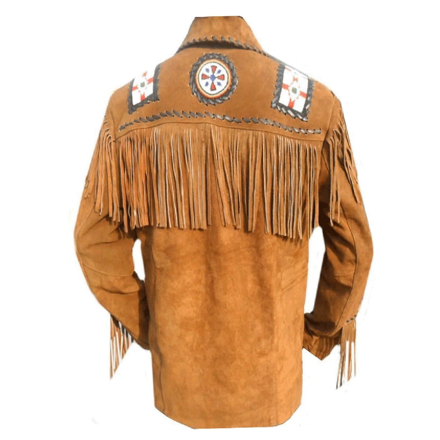 Back view showing the brown suede leather fringe jacket with beaded detailing