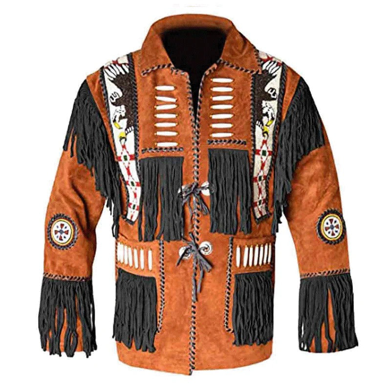The brown suede leather fringe jacket with eagle beadwork, pictured from the front