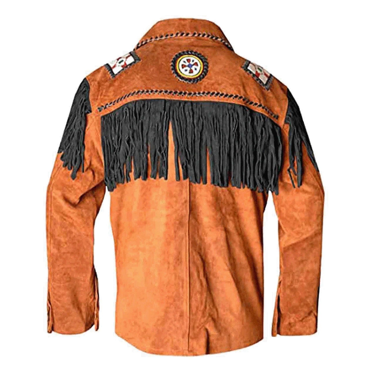 The brown suede leather fringe jacket with eagle beadwork, pictured from the side