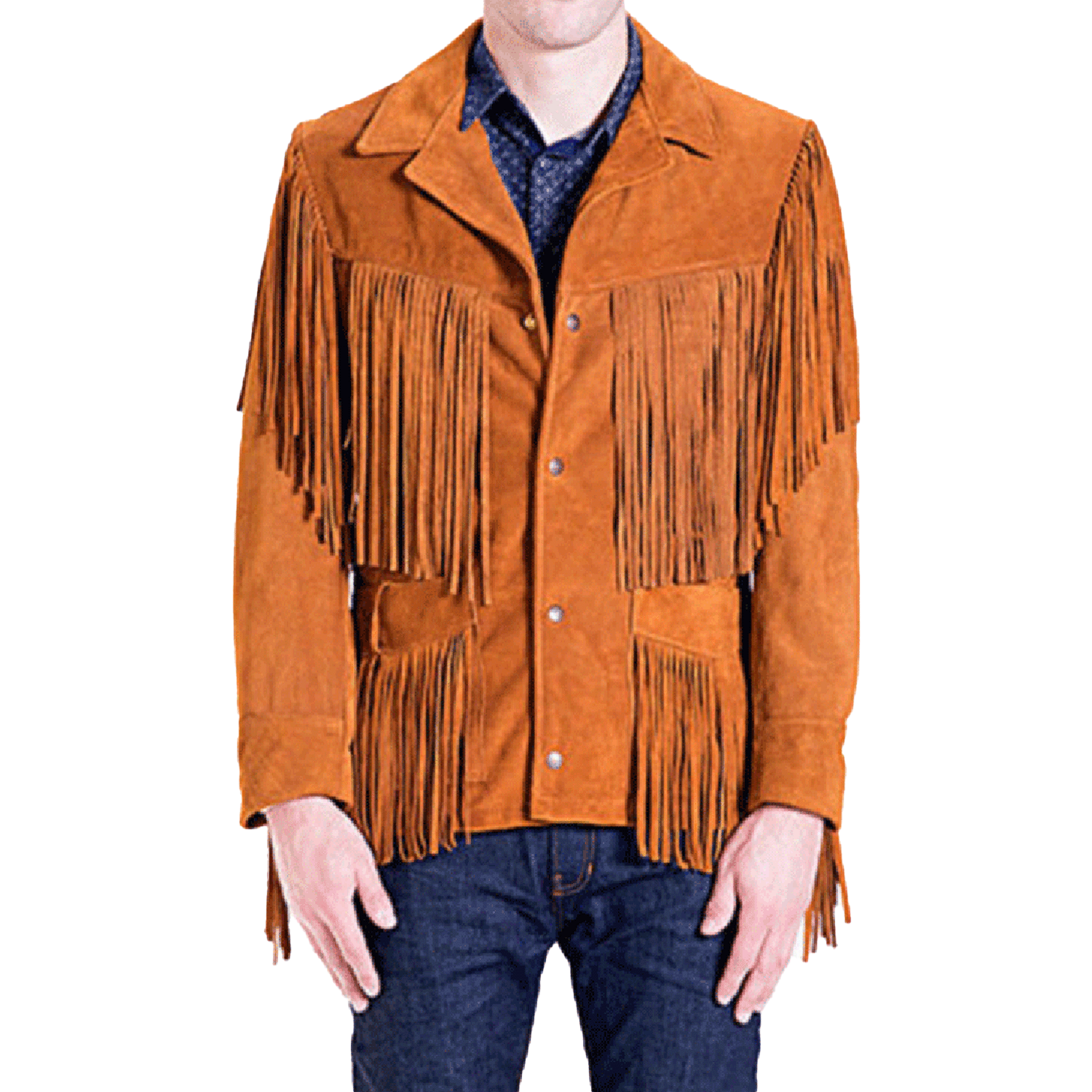 Front view of the brown suede leather fringe jacket for men