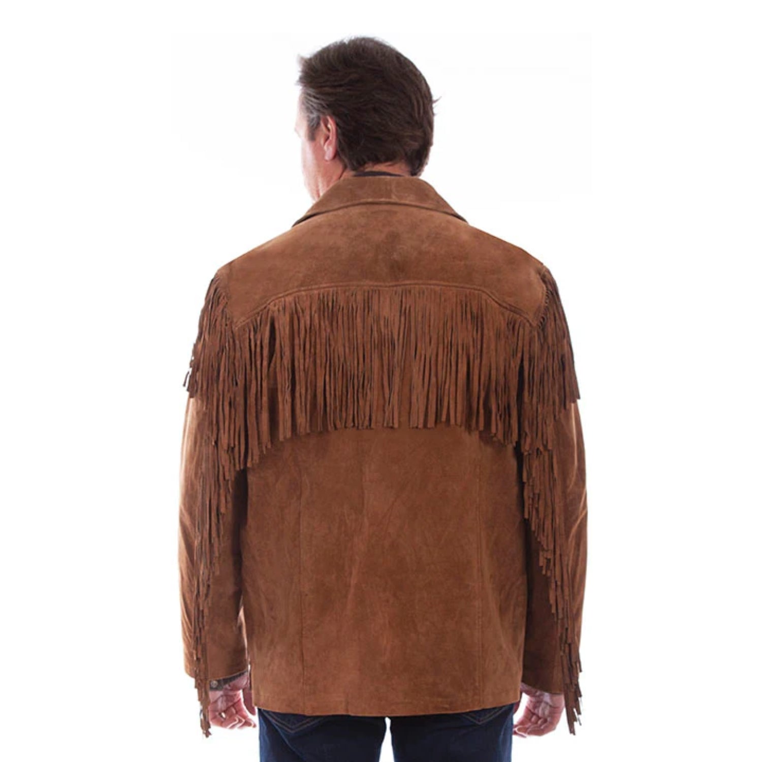 Back view of the brown suede leather fringe jacket for men