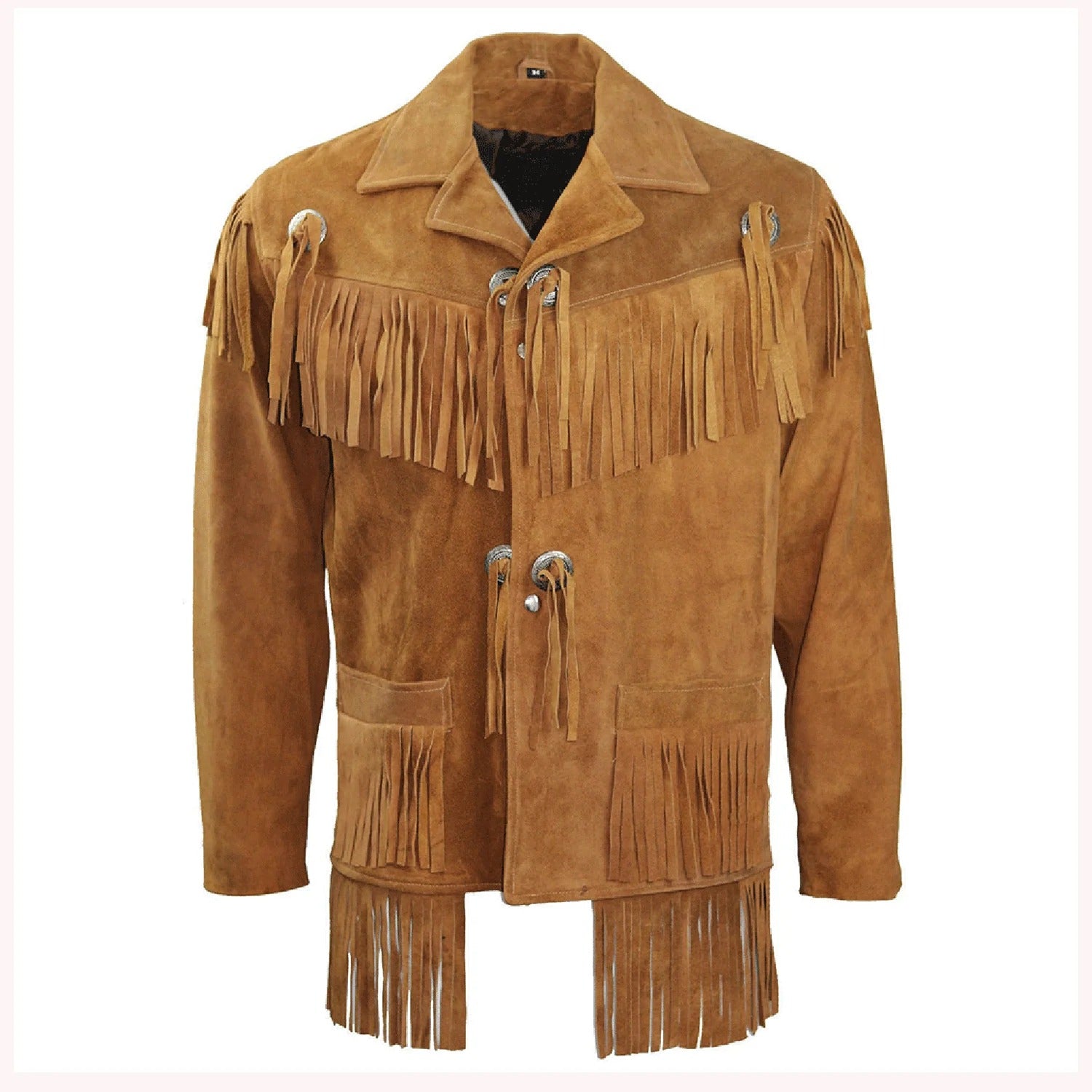 Front view of the brown suede leather fringe jacket for men