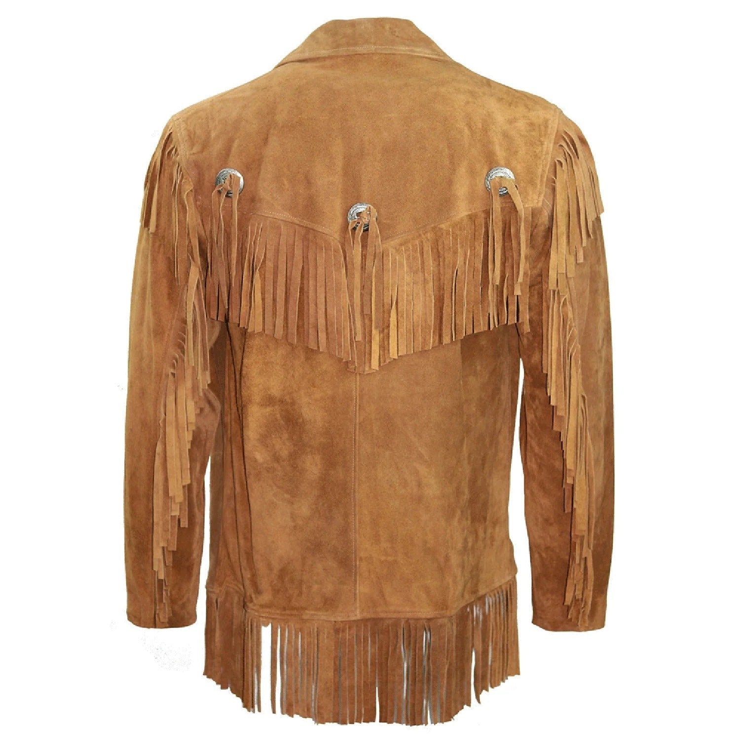 Back view of the brown suede leather fringe jacket for men
