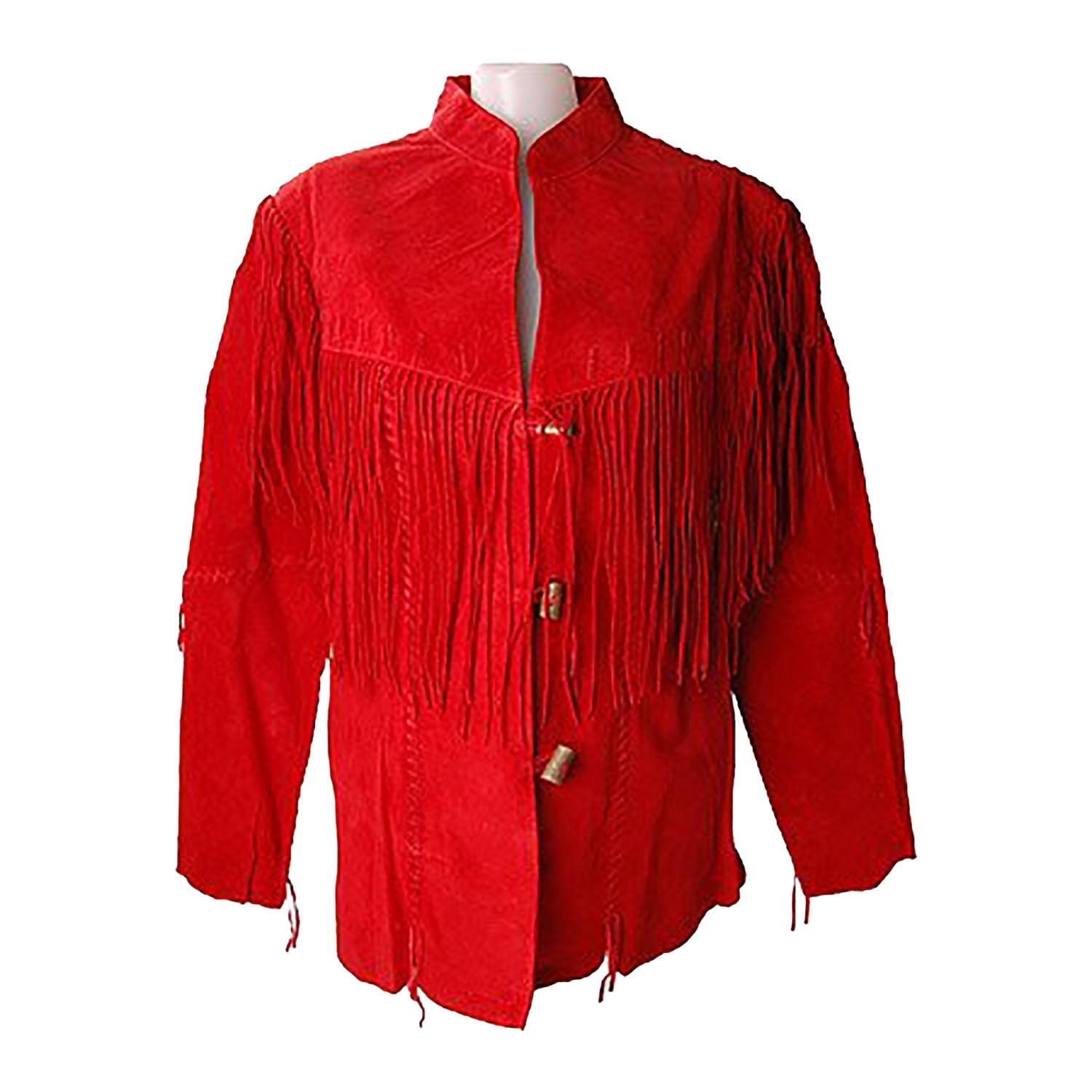 Western Cowgirl Red Suede Leather Fringe Jacket front view