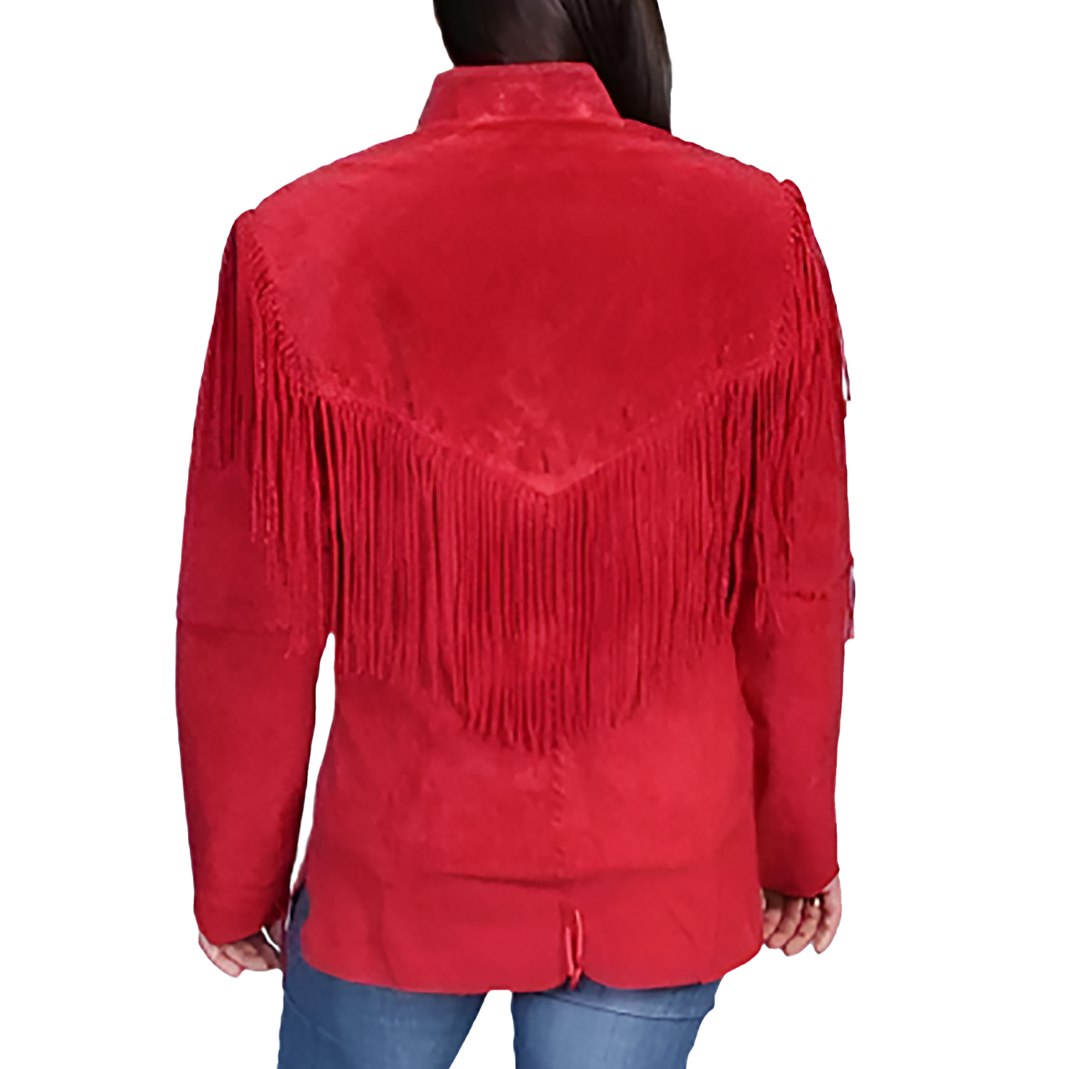 Western Cowgirl Red Suede Leather Fringe Jacket side view