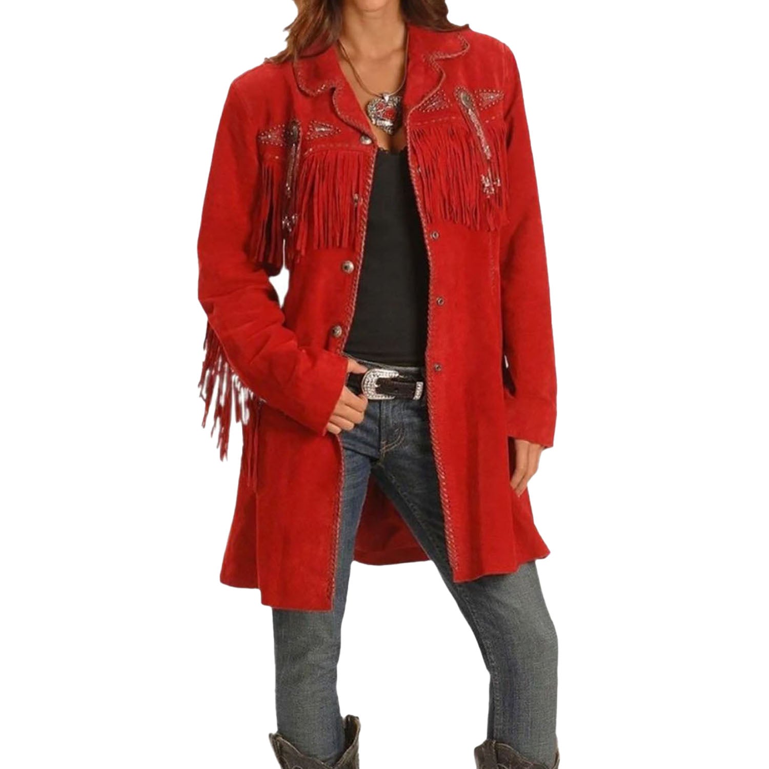 Western Cowgirl Red Suede Leather Fringe Jacket Coat front view
