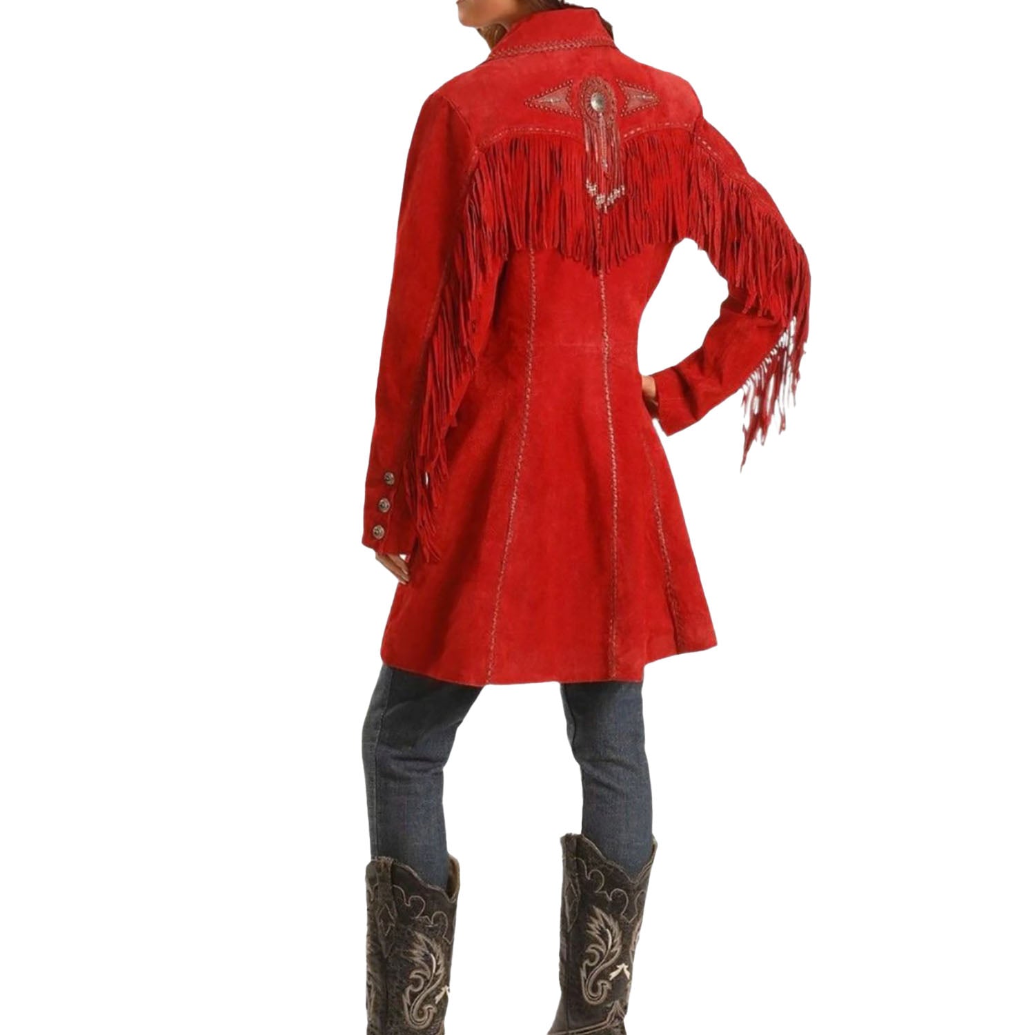 Western Cowgirl Red Suede Leather Fringe Jacket Coat side view