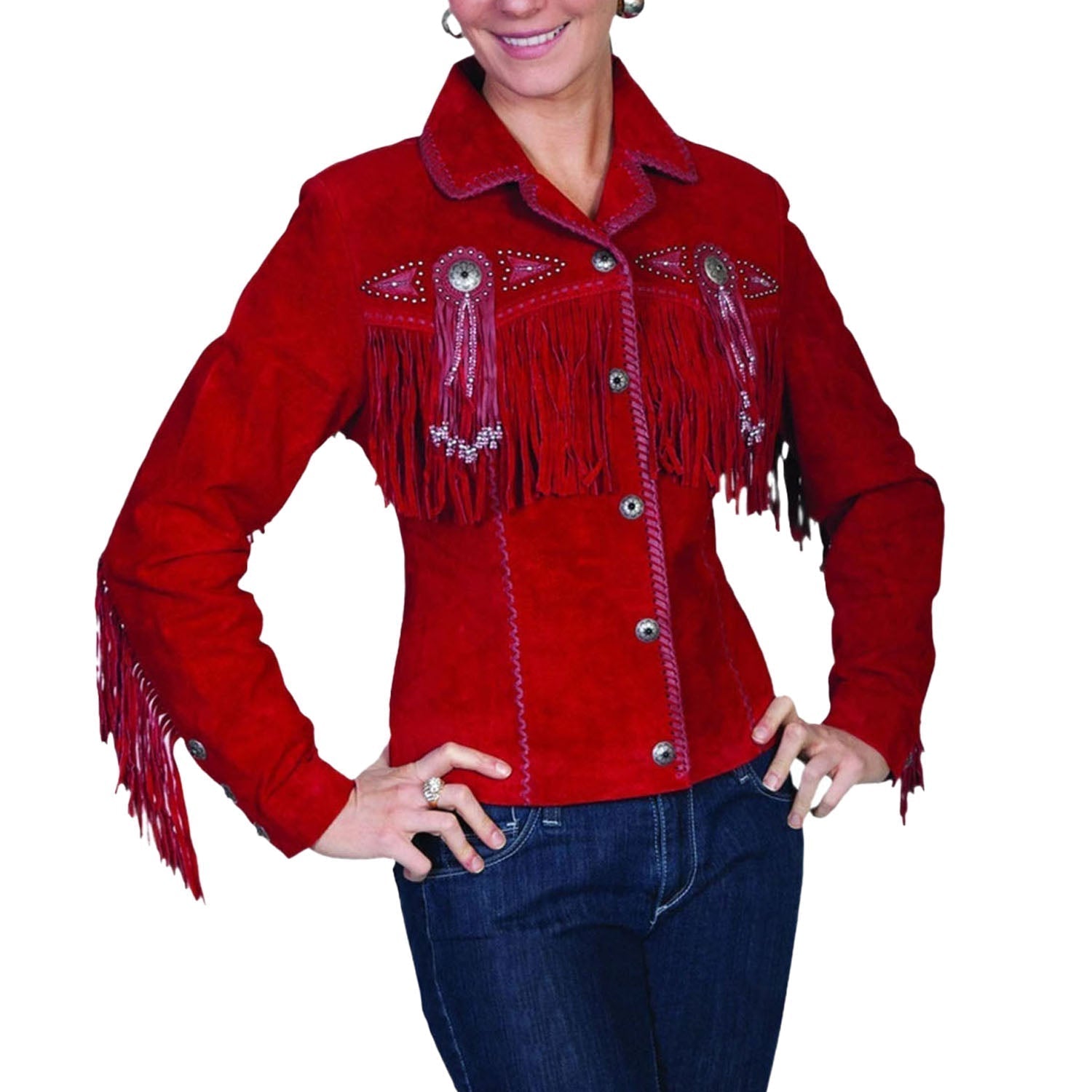 Western Cowgirl Red Suede Leather Fringe Jacket front view