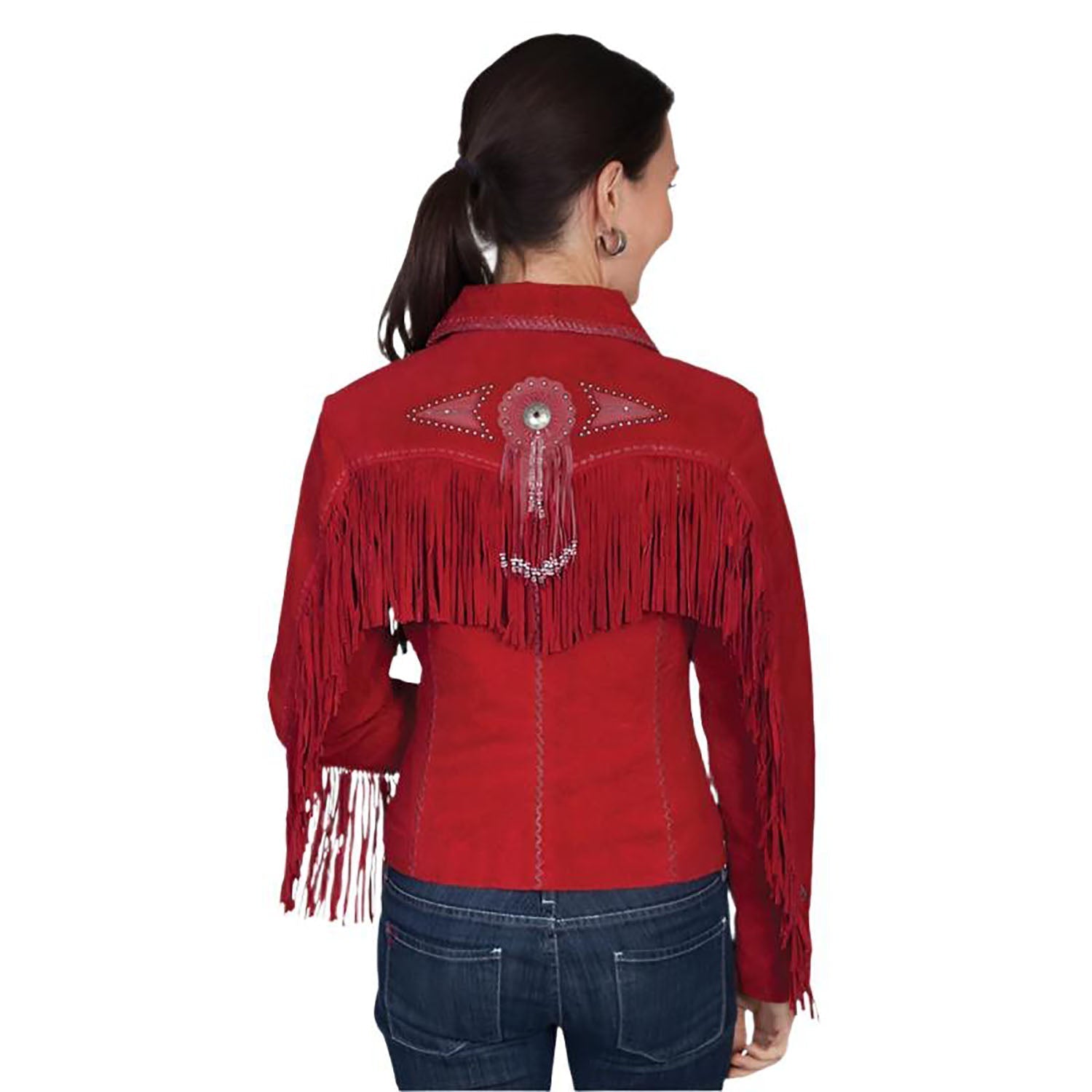 Western Cowgirl Red Suede Leather Fringe Jacket side view