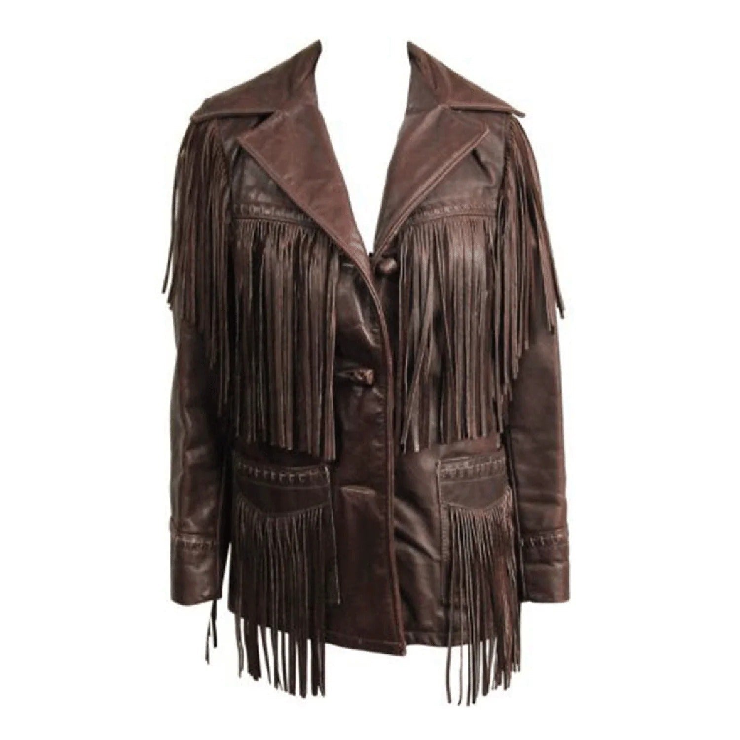 Worn styled look showing the dark brown leather fringe jacket