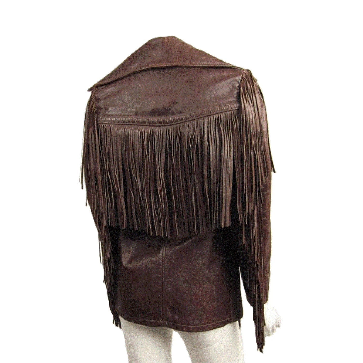 Full display showing the dark brown leather fringe jacket