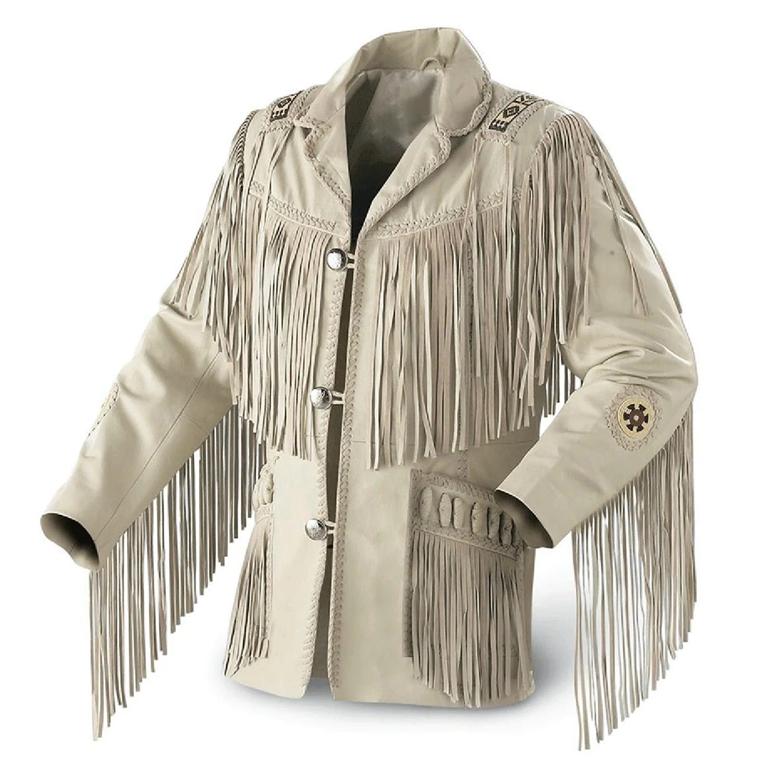 The beige leather fringe jacket with beaded detailing, pictured in close-up
