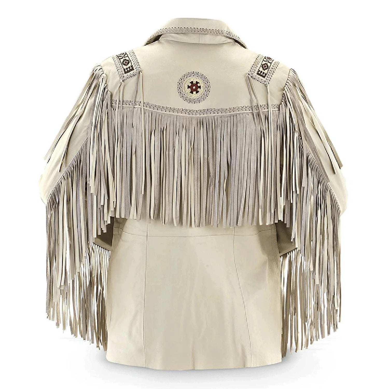 The beige leather fringe jacket with beaded detailing, pictured worn and styled