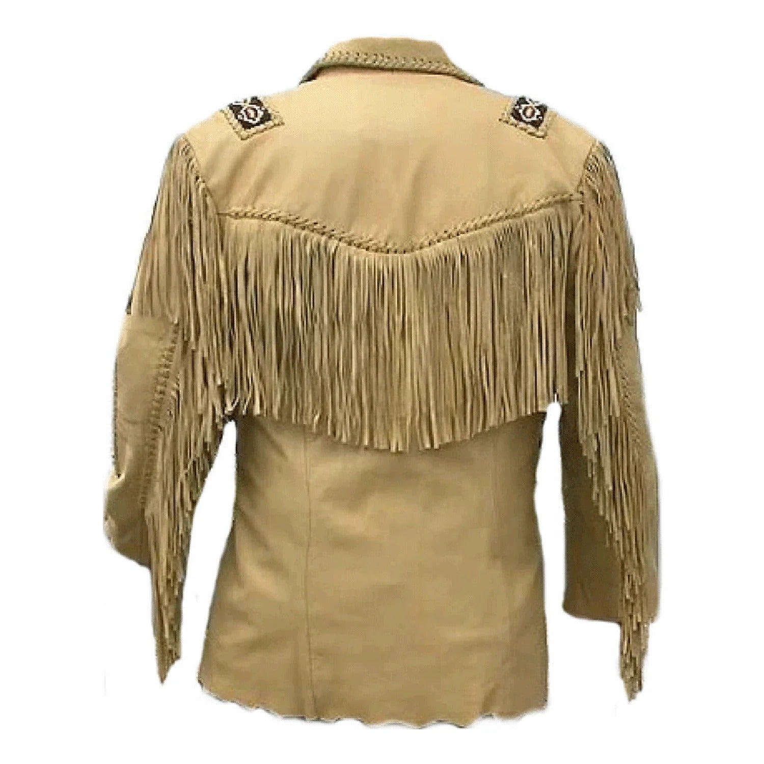 Beige leather fringe jacket with beaded detailing, close-up detail