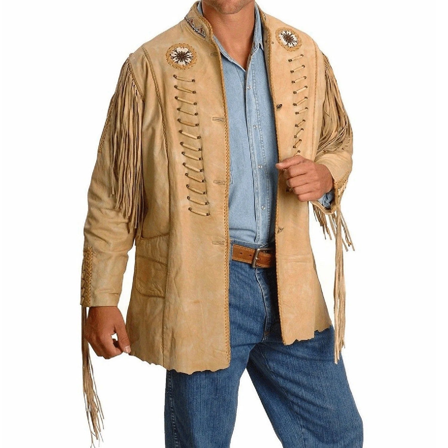 Side profile of the beige leather fringe jacket with beaded detailing for men