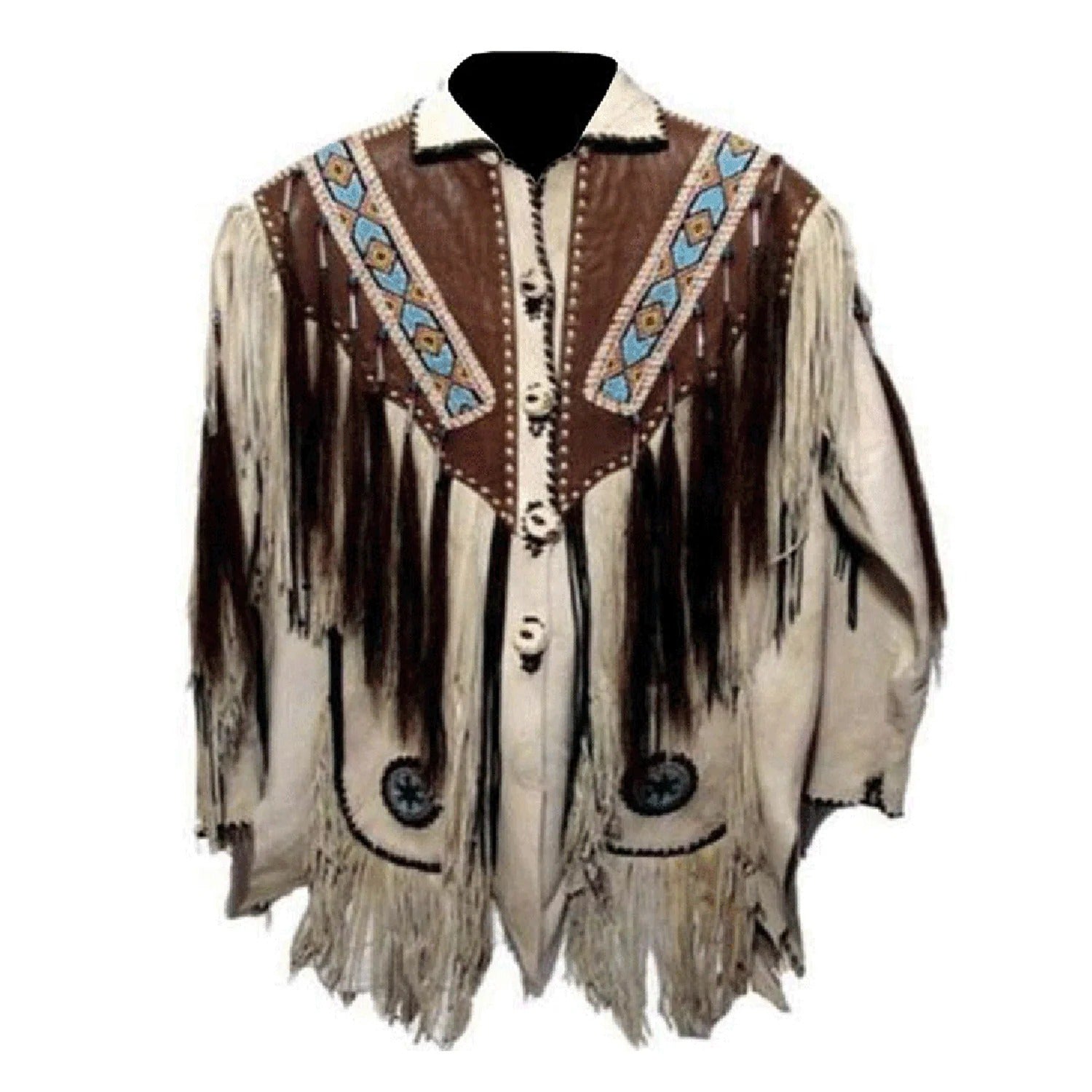 The beige leather fringe jacket with beaded detailing, pictured in detail