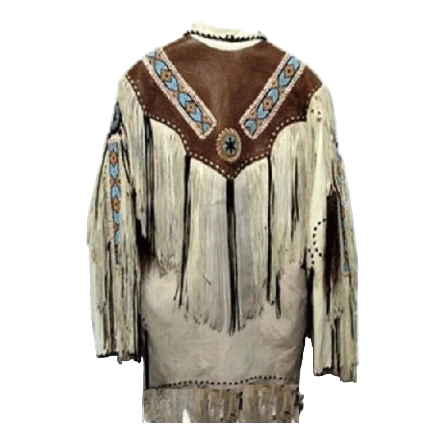 The beige leather fringe jacket with beaded detailing, pictured from the front