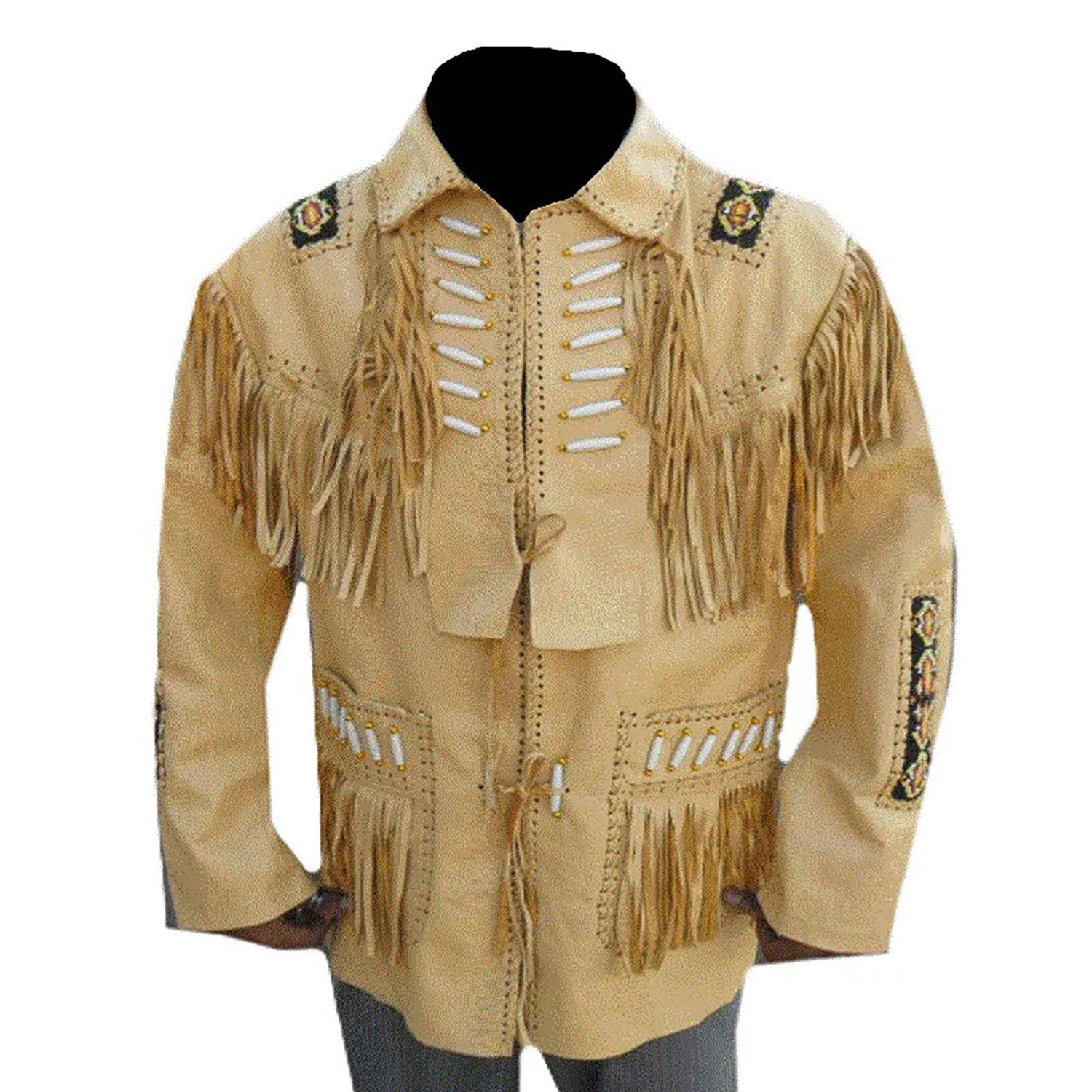 Beige leather fringe jacket with beaded detailing, full display