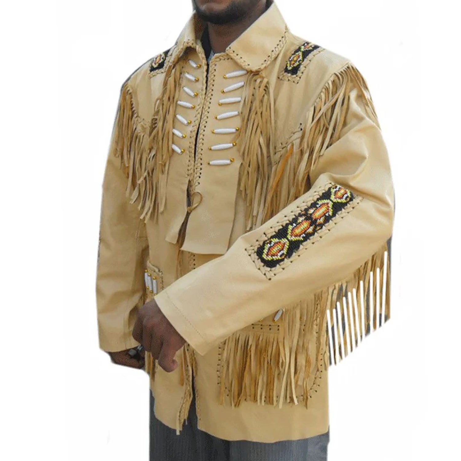 Beige leather fringe jacket with beaded detailing, detail shot