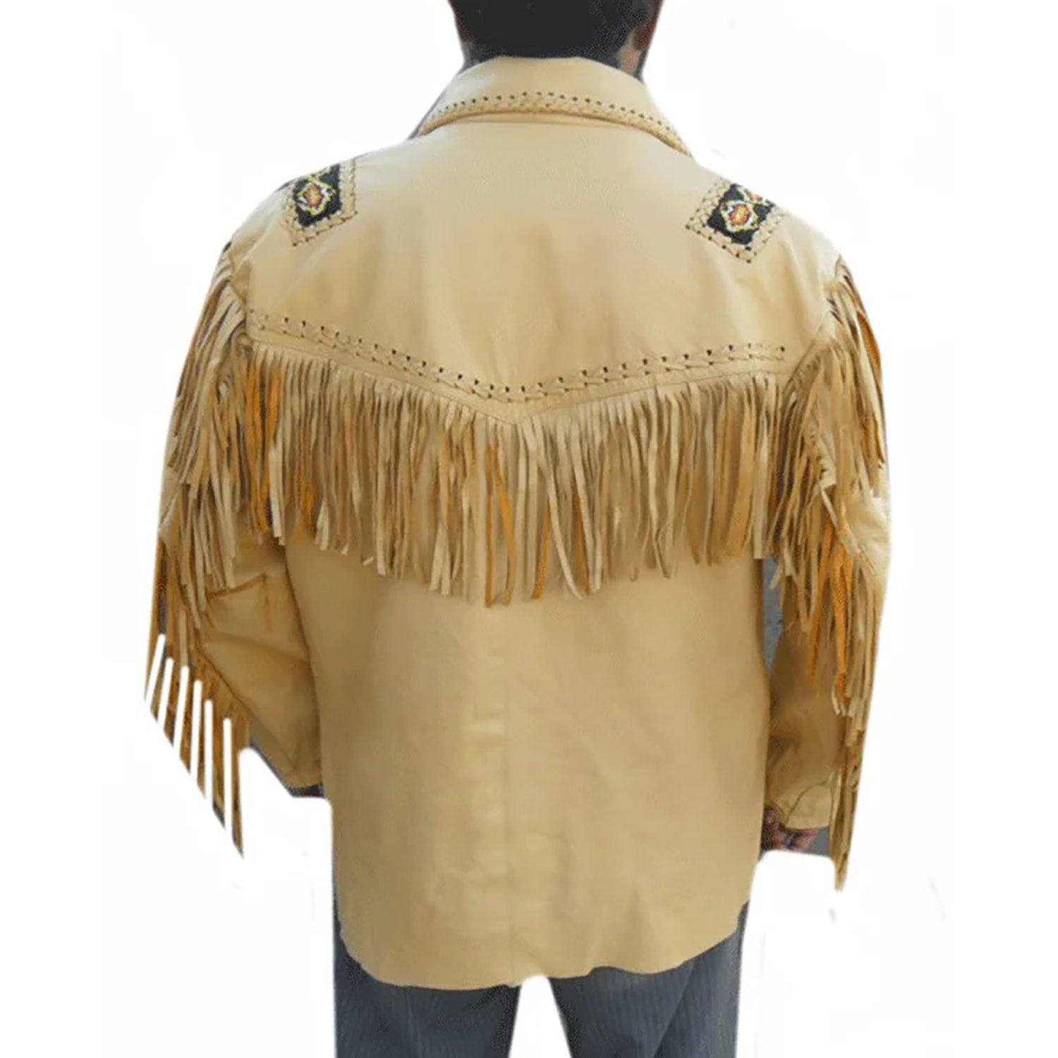Beige leather fringe jacket with beaded detailing, front view