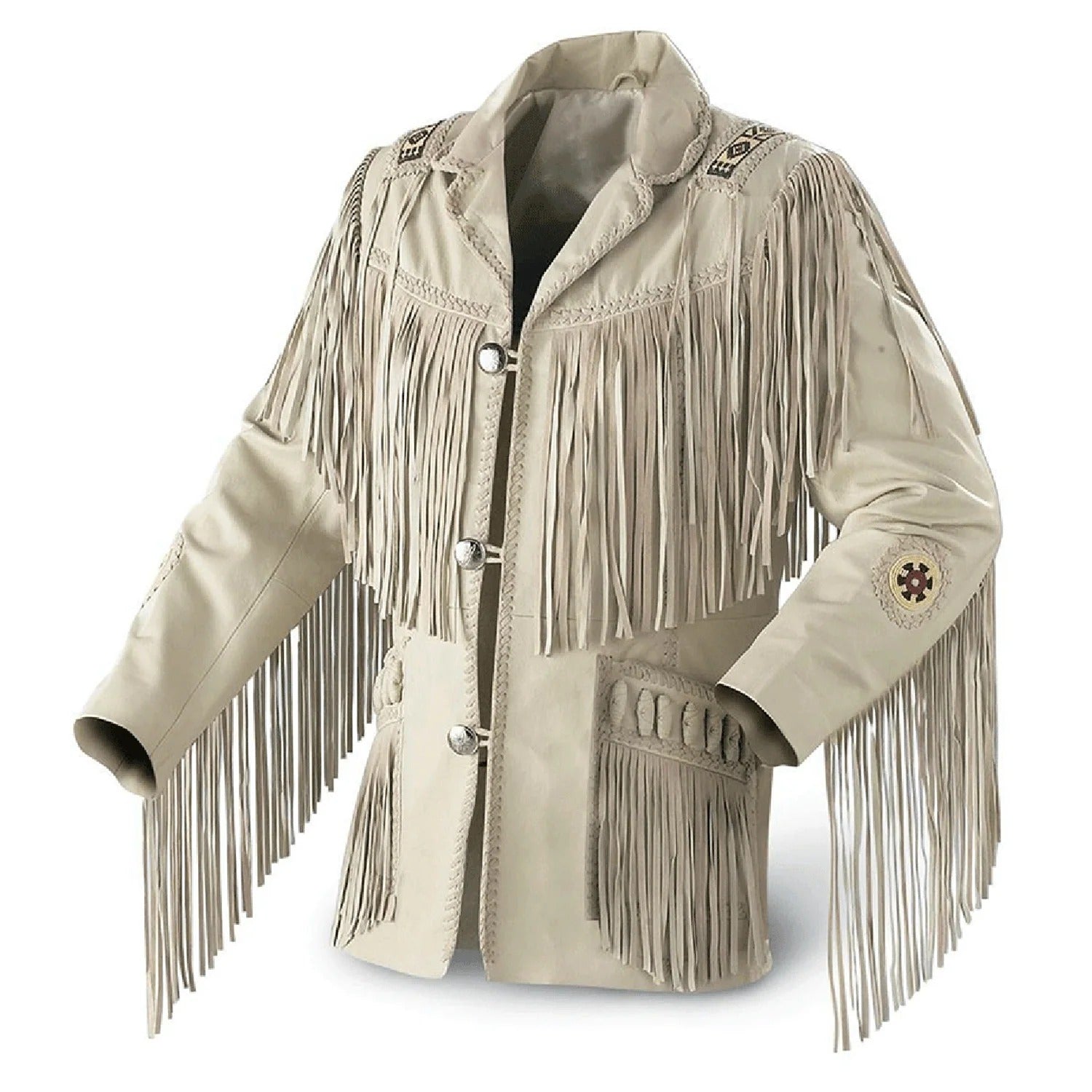 Worn styled look of the beige leather fringe jacket with beaded detailing for men