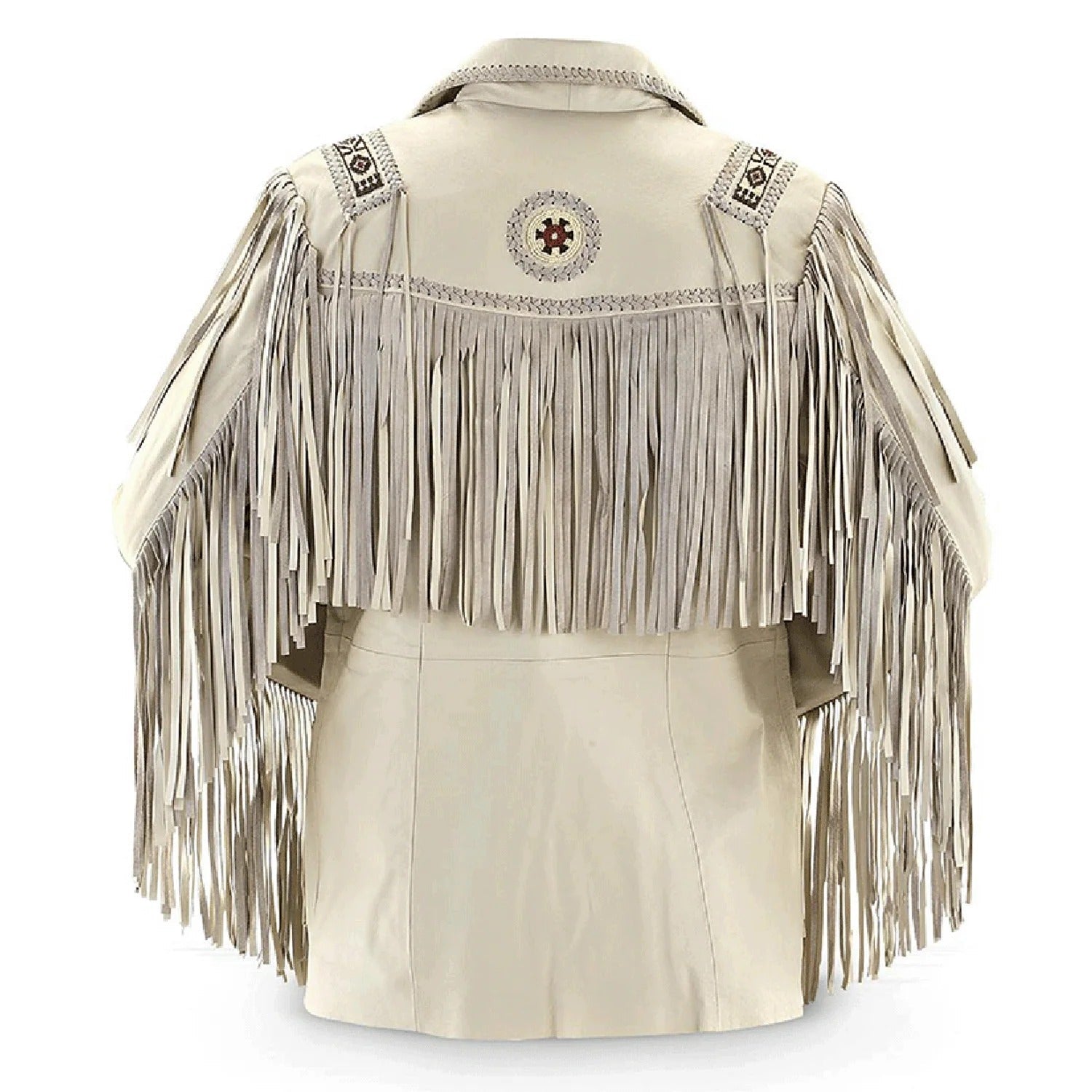Full display of the beige leather fringe jacket with beaded detailing for men