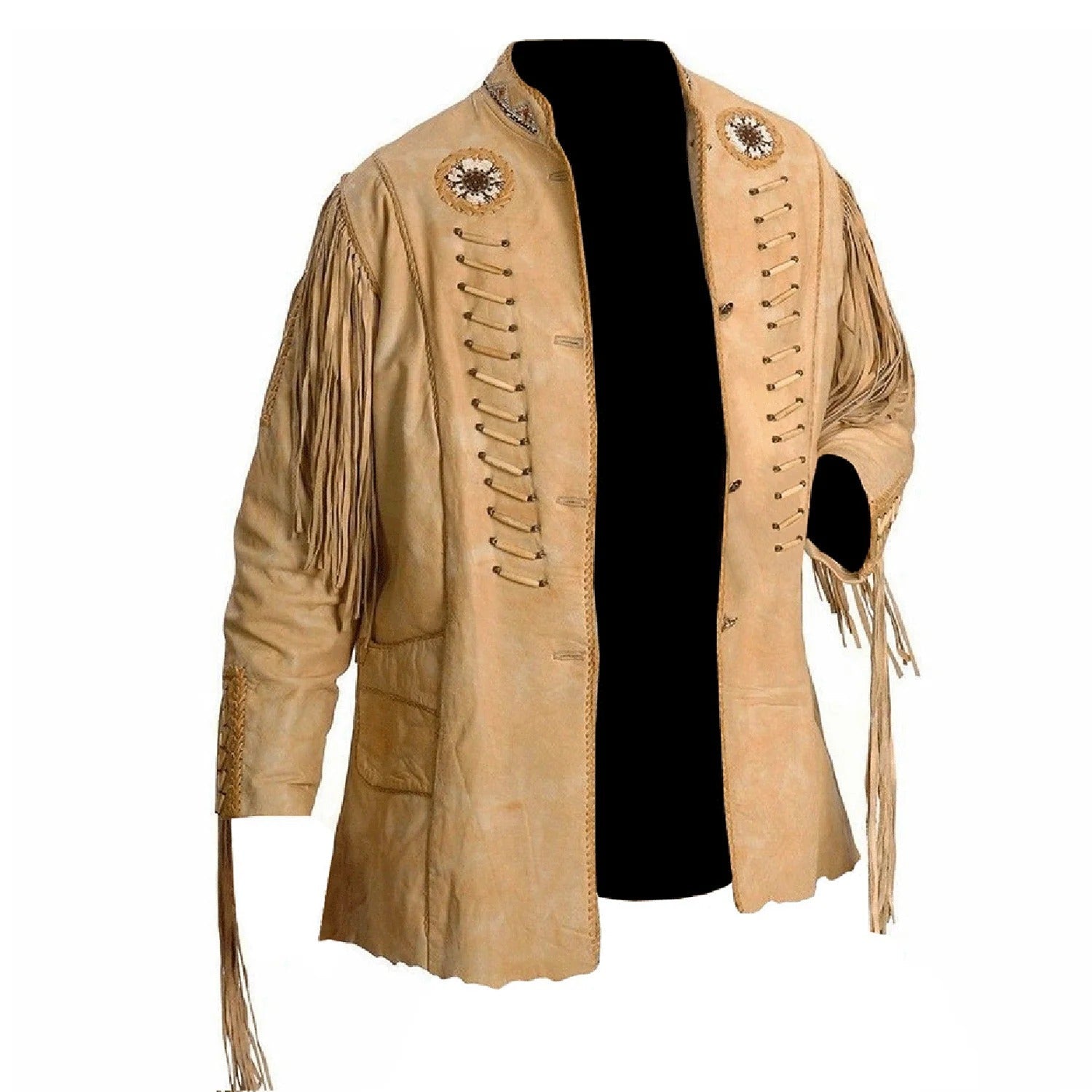 Close-up detail showing the beige leather fringe jacket with beaded detailing