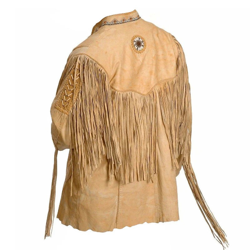 Worn styled look showing the beige leather fringe jacket with beaded detailing