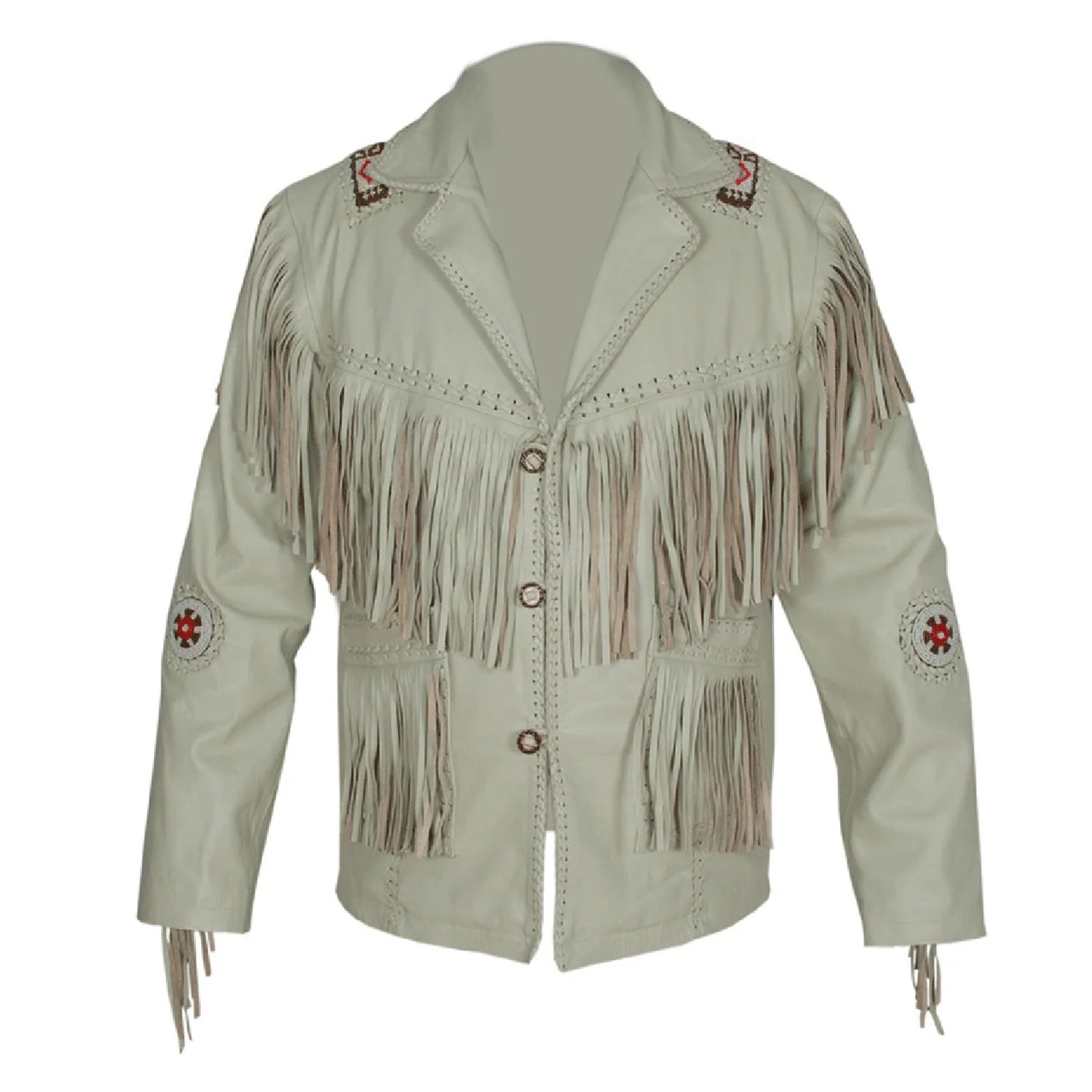 The beige leather fringe jacket, pictured from the back