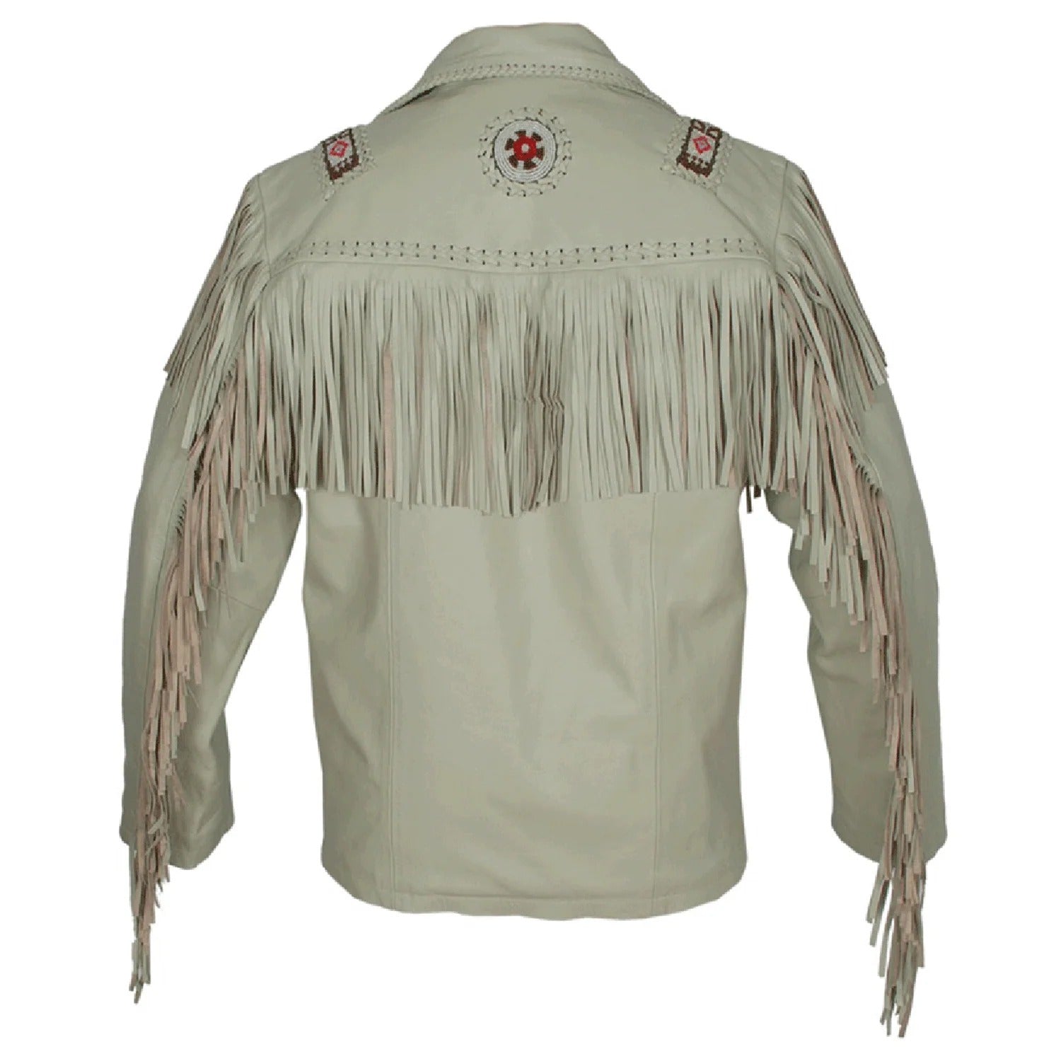 The beige leather fringe jacket, pictured in close-up