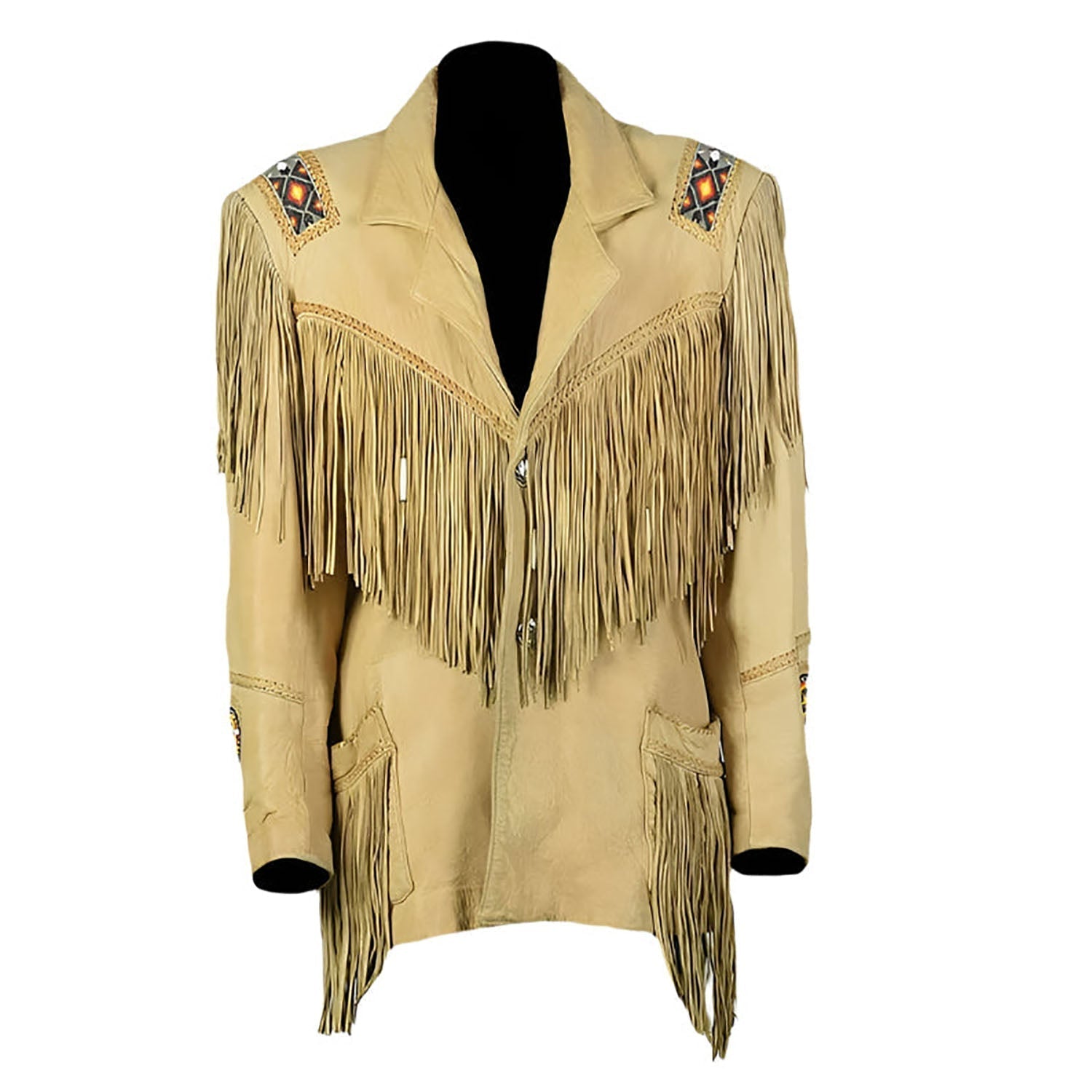 Western Fringe Beige Leather Jacket for Women Cowgirl front view