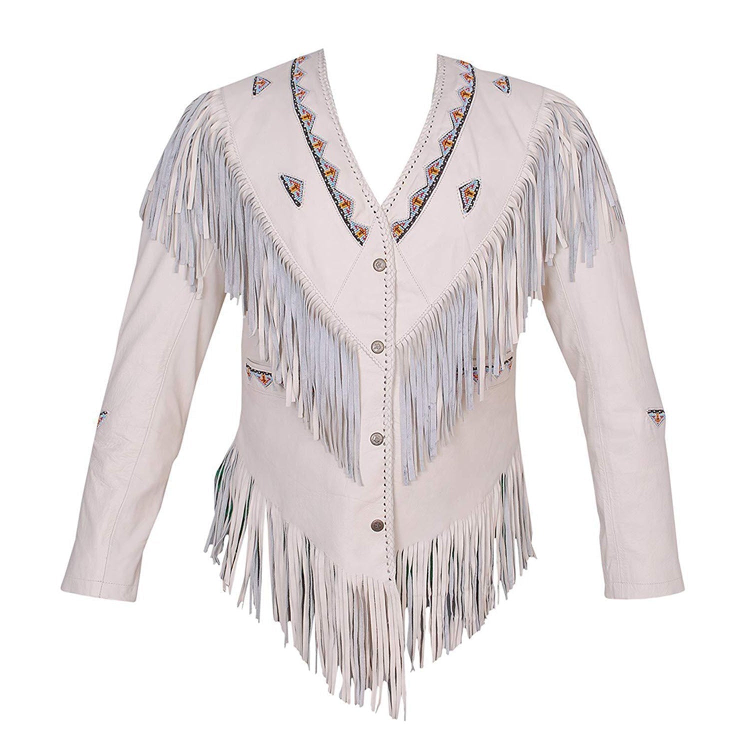 Western Fringe Beige Leather Jacket for Women Cowgirl front view