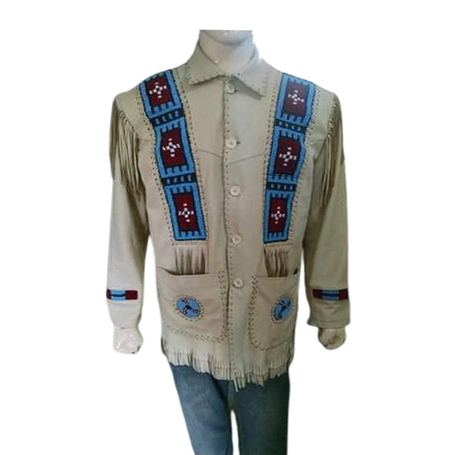 Western Fringe Beige Leather Jacket for Women Cowgirl front view
