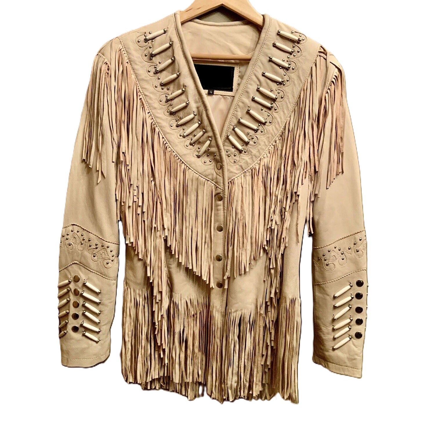 Western Fringe Beige Leather Jacket for Women Cowgirl front view