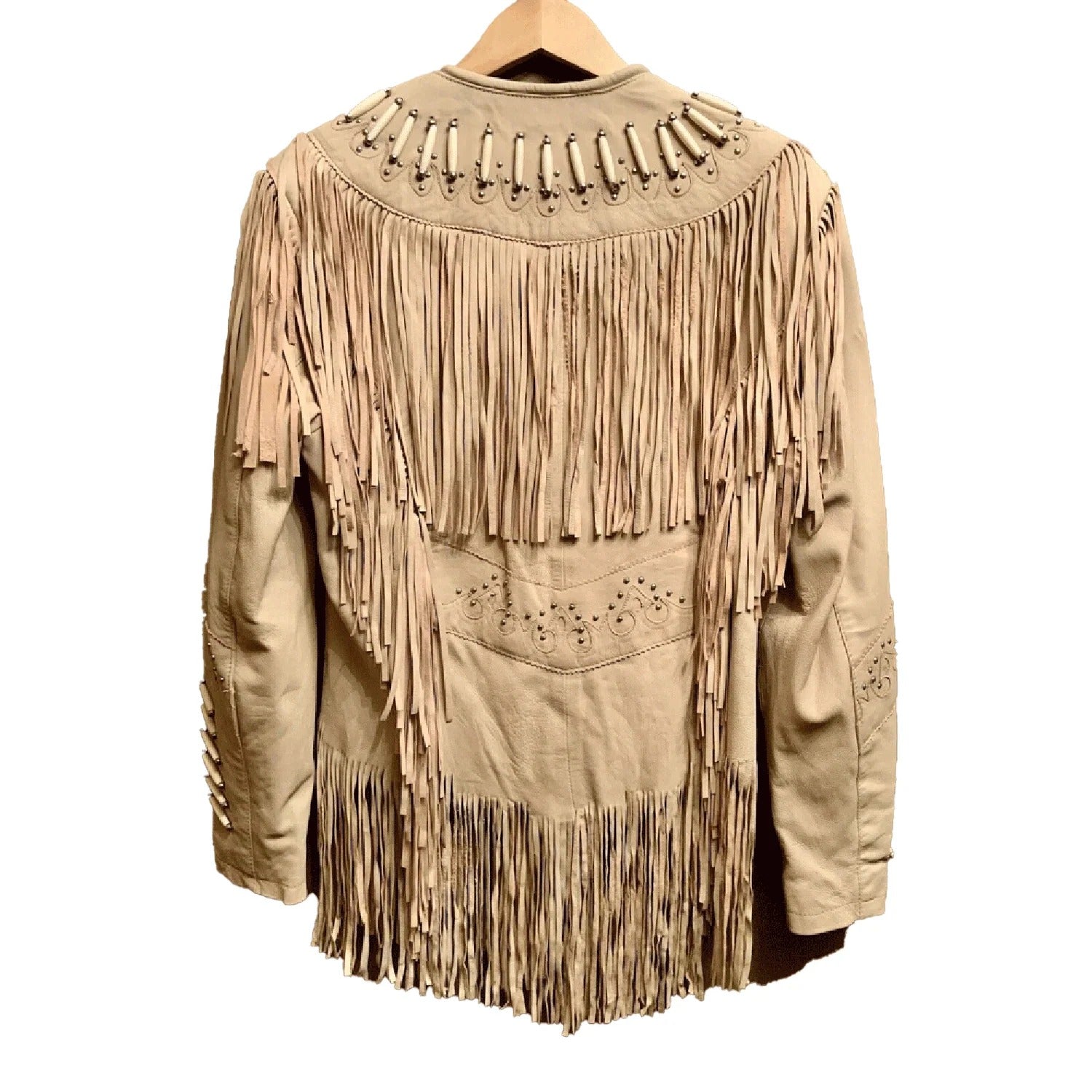 Western Fringe Beige Leather Jacket for Women Cowgirl side view
