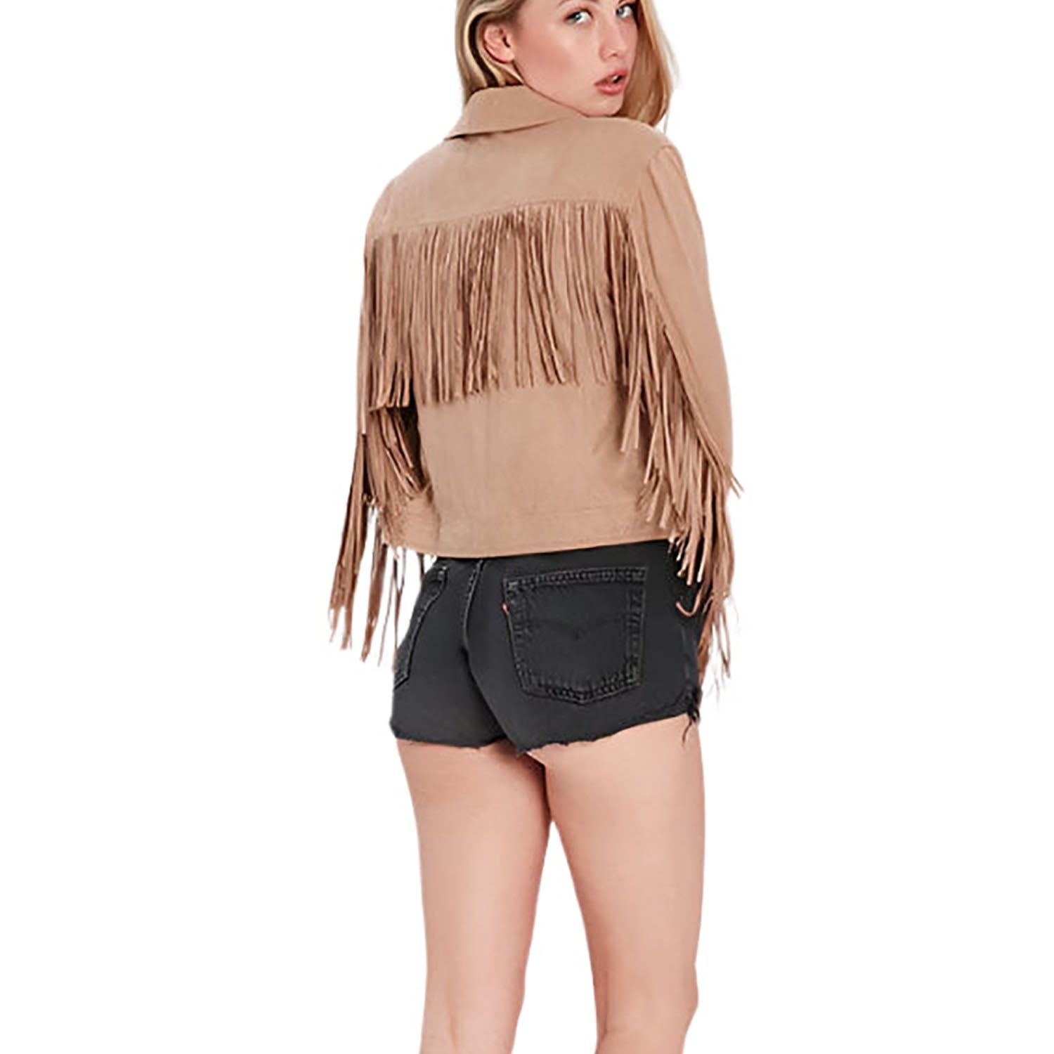 Western Fringe Beige Leather Jacket for Women Cowgirl side view